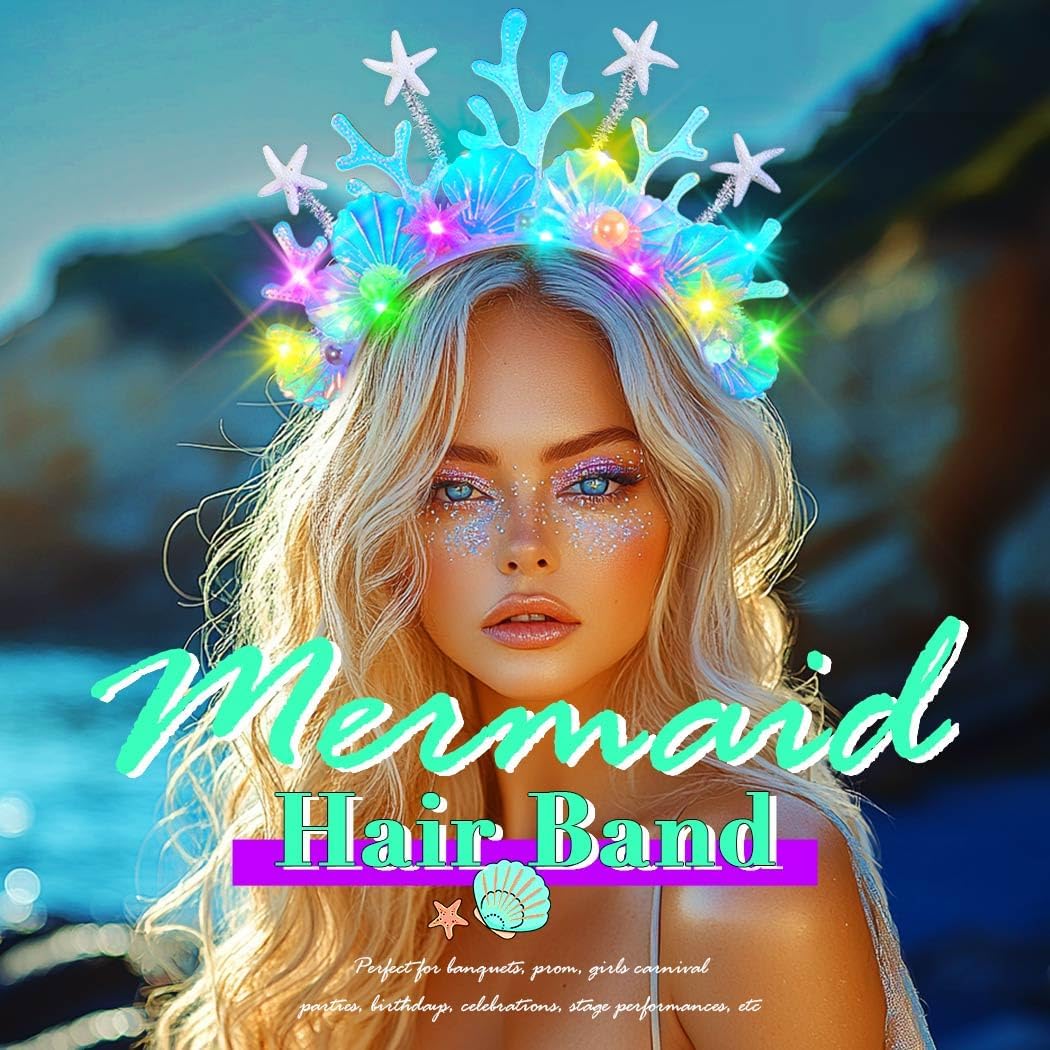 JAKAWIN Light Up Mermaid Costume Headband Starfish Ocean Hair Accessories Shell Led Headpiece for Women - Image 5