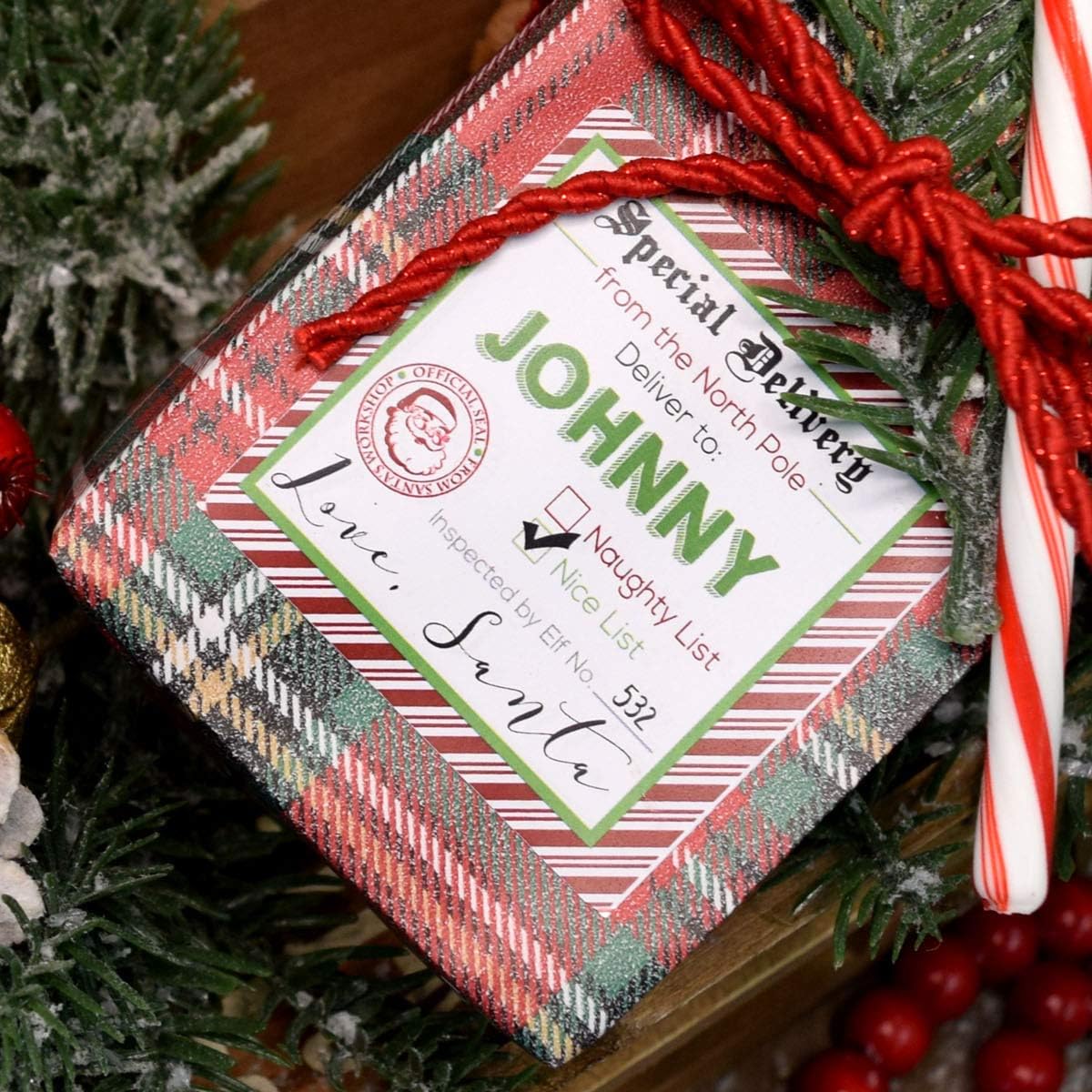 Custom Santa’s Special Delivery Christmas 12 Custom Gift Tag Stickers 2.5" Square Labels for Holiday Packaging, Personalized with Child’s Name, Cute North Pole Design, Made in USA by Amanda Creation