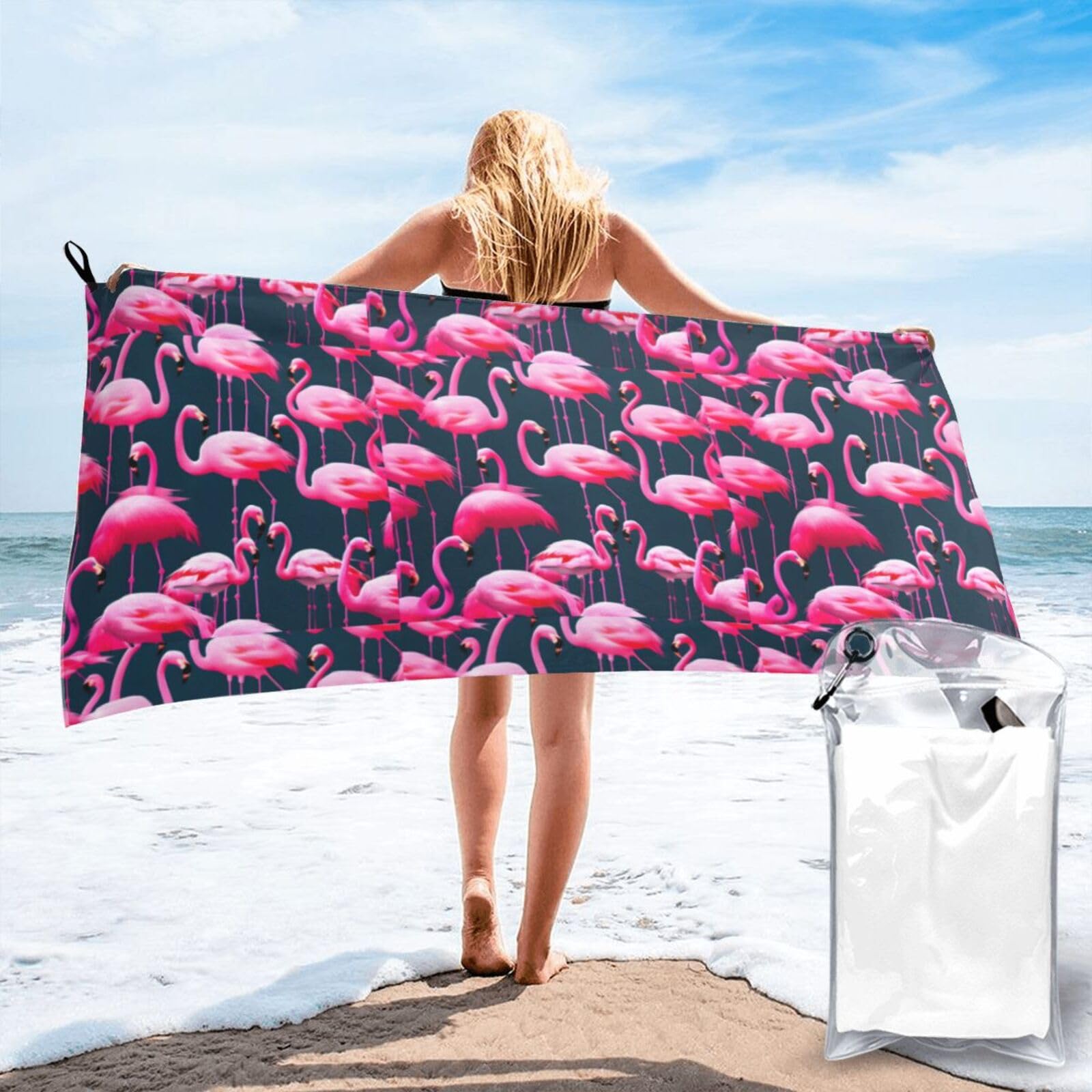Jiuty White Pink Flamingos Print Fast Dry Beach Towel Portable For Swimming Travel Gym Hiking Gift