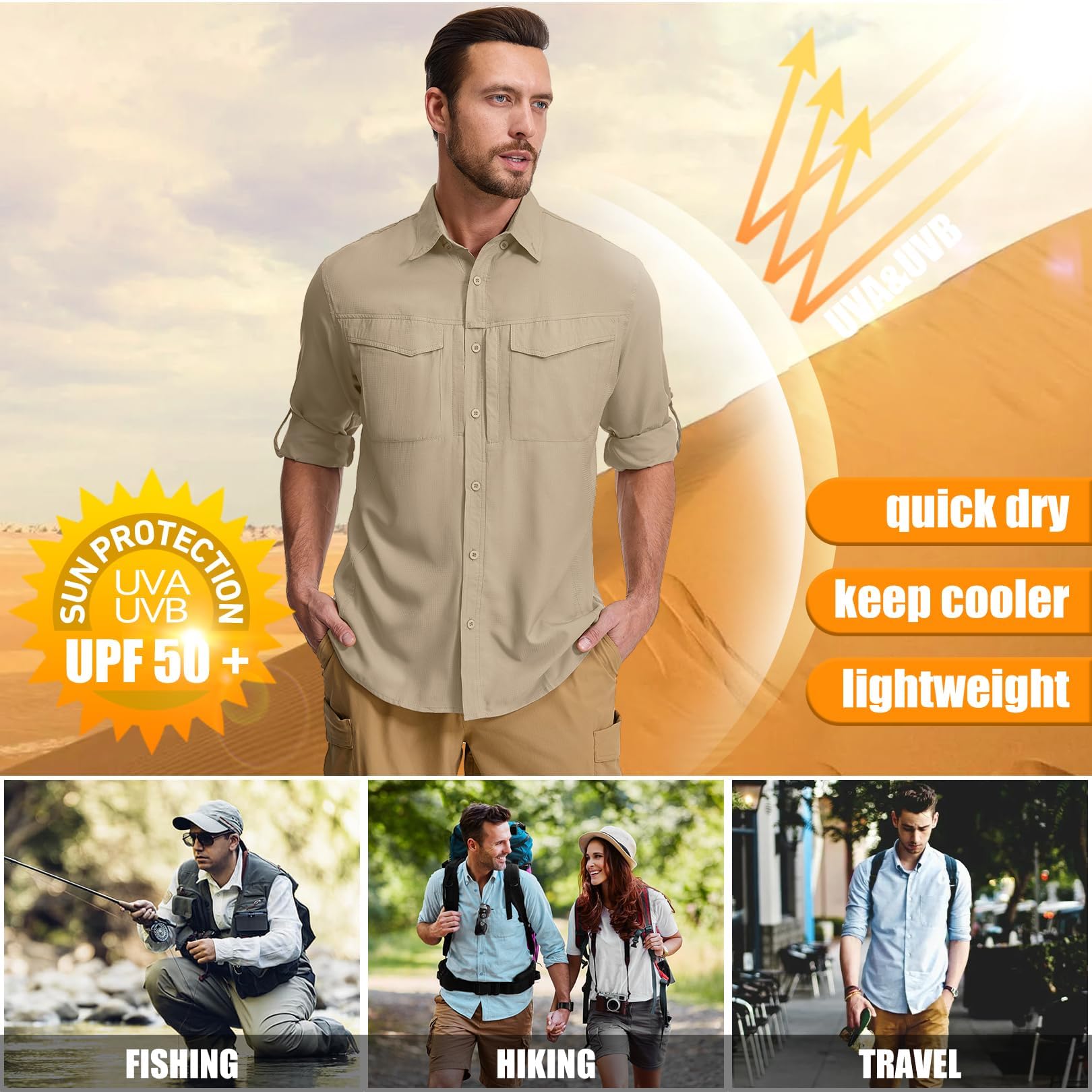 Camicia da uomo Safari UPF50+, protezione UV, a maniche lunghe, da trekking, da uomo, traspirante, ad asciugatura rapida