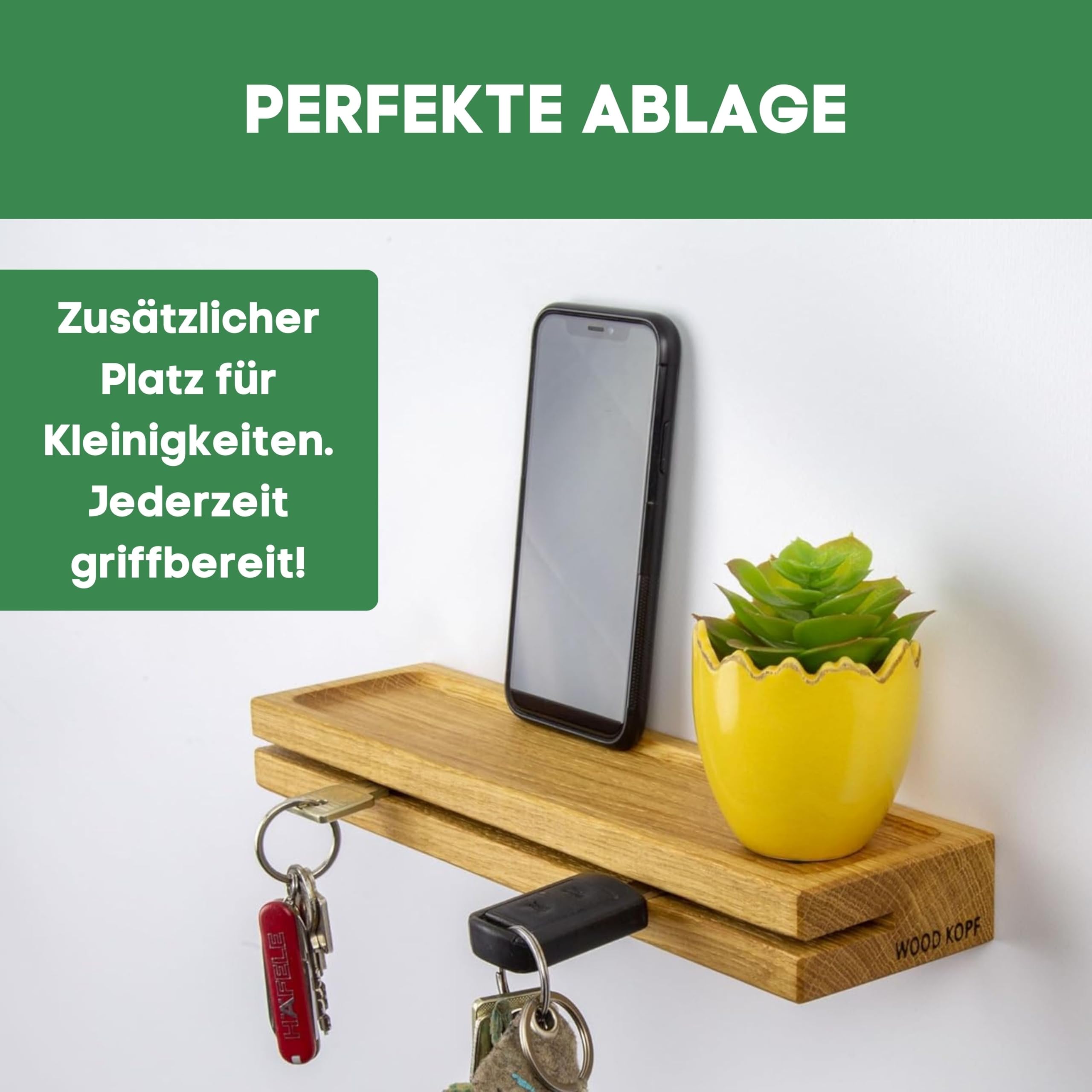 Woodkopf® - Eichenholz Schlüsselbrett - Schlüsselablage Magnetisch - praktische Schlüsselwand mit Ablage - Schlüssel Organizer - Minimalistische Schlüsselleiste - Design Schlüsselhalterung