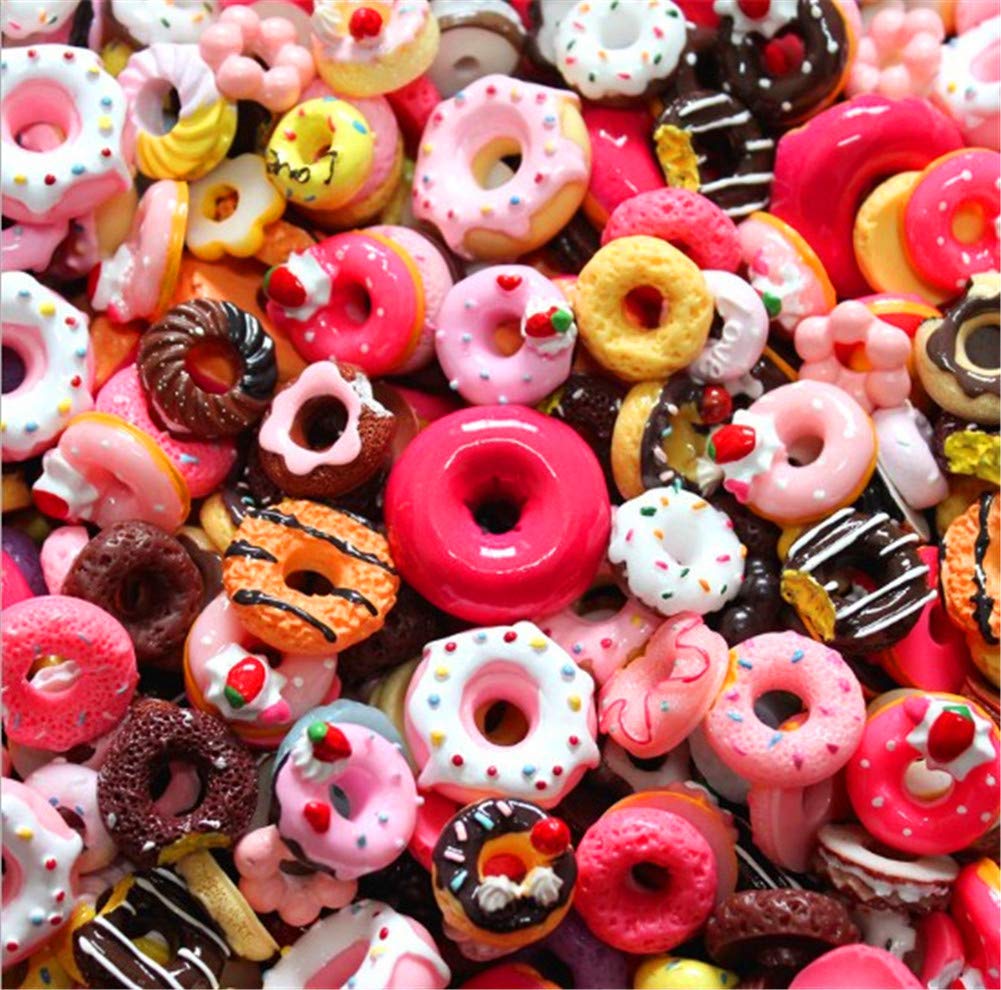 Zhiheng Random 30 Pack Cute Candy Plastic Beads Fruit Dessert Ice Cream Resin Charms Slices Flatback Buttons for Handcraft Accessories Scrapbooking Phone Case Decor (Donut)