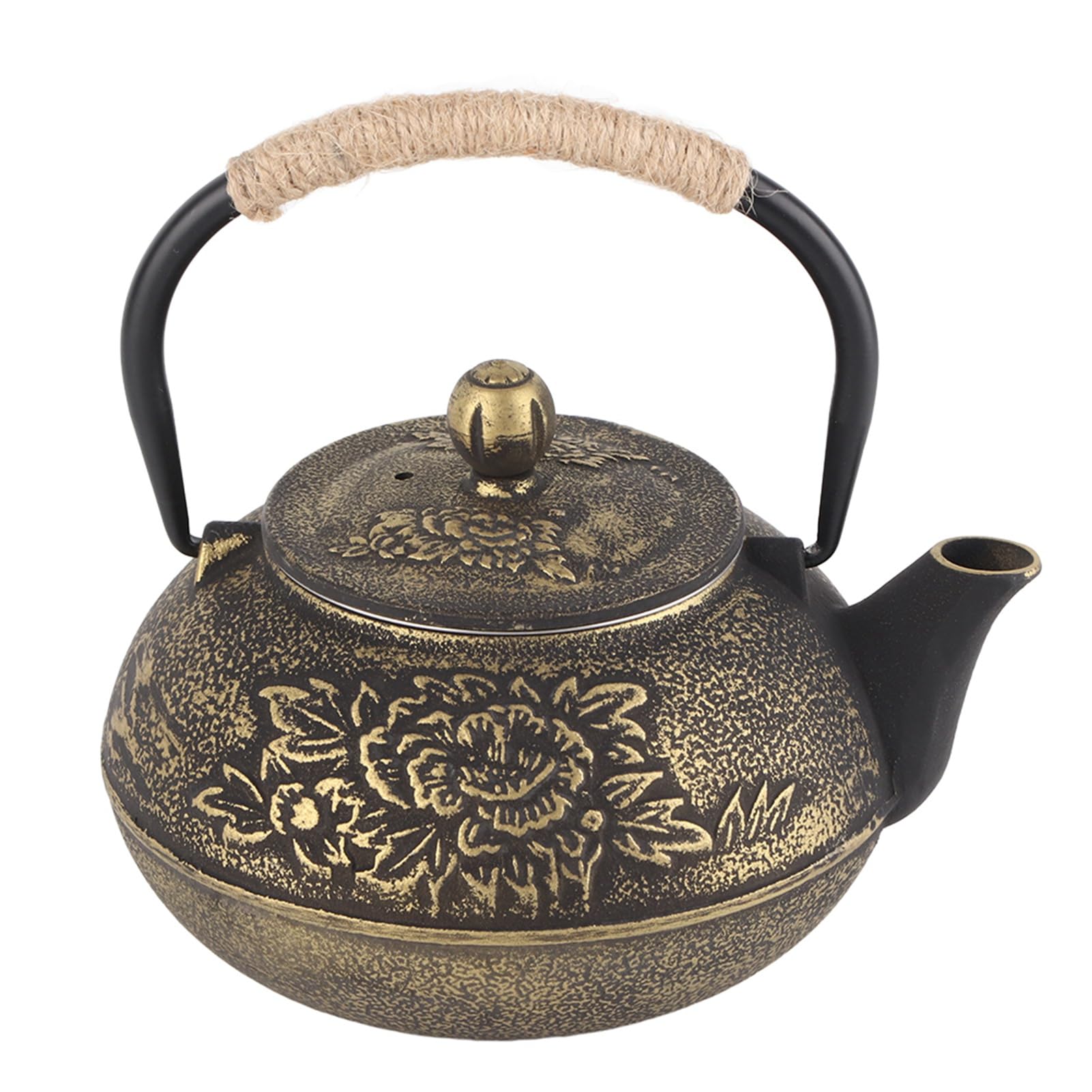 Teiera in ghisa in stile giapponese da 900 ml con filtro infusore rimovibile, modello retrò peonia per preparare tè sfuso in foglie, tisana verde nero, materiale in ferro,