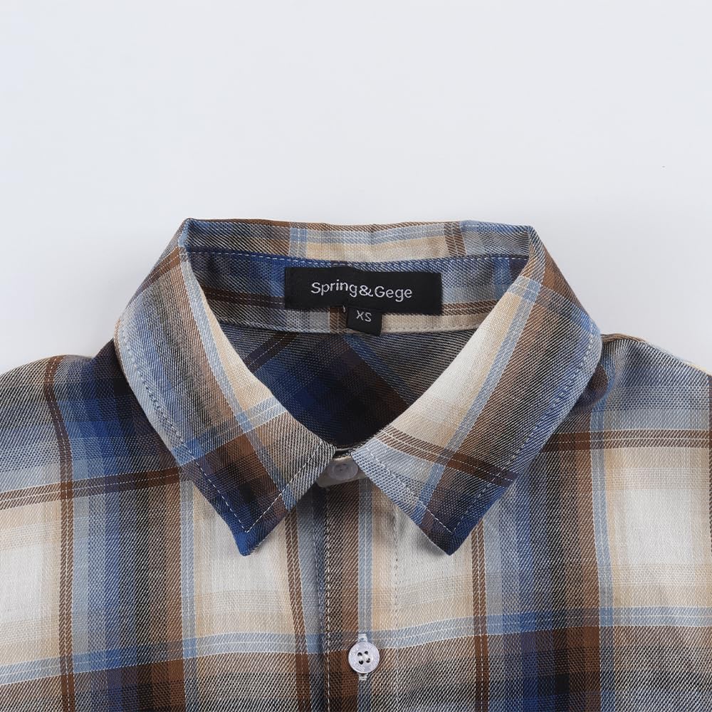 Spring&Gege Camisa de manga corta a cuadros para niños, casual, con botones y bolsillo en el pecho (5-14 años)