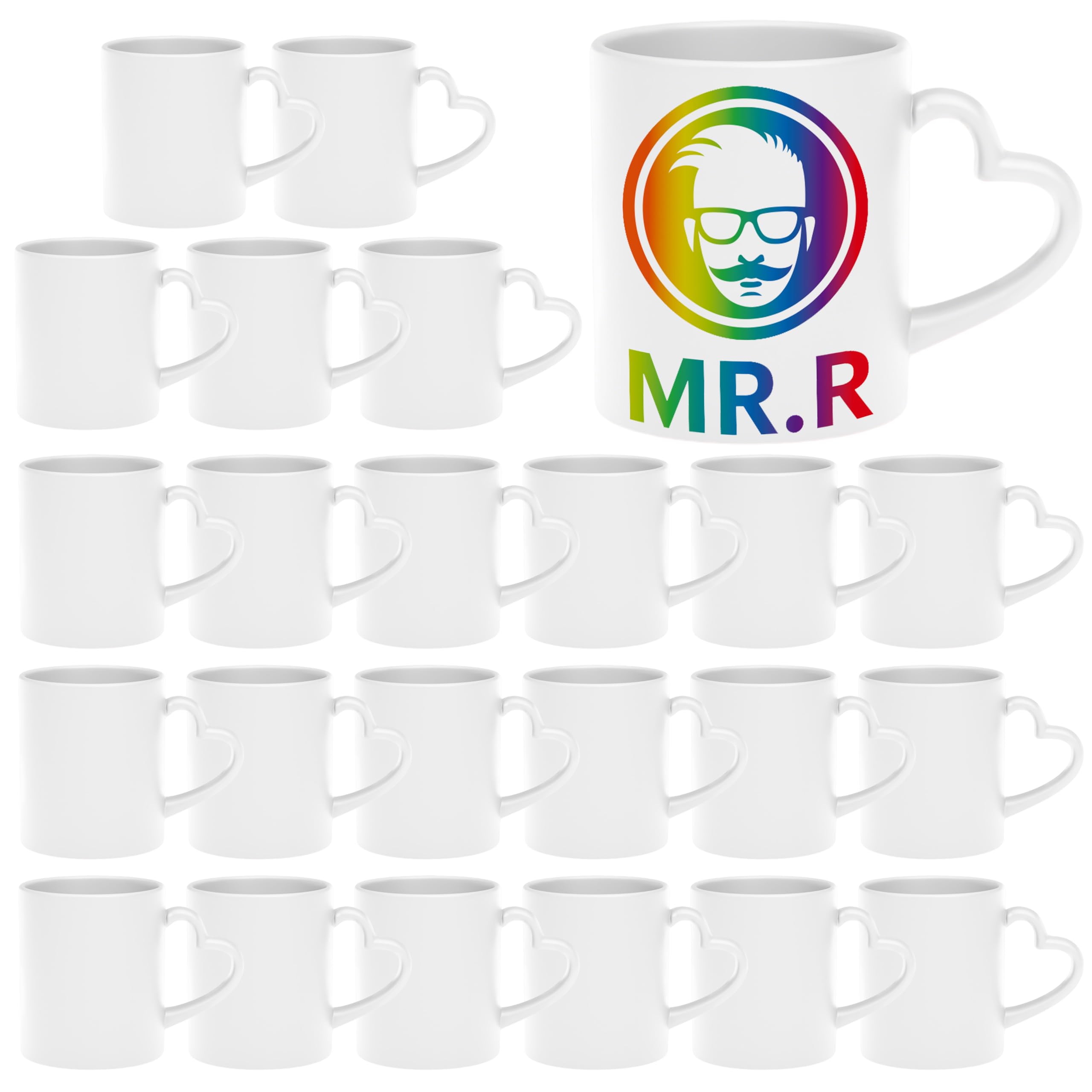 MR.R Set of 24 Sublimation Blanks Dishwasher White Ceramic Coffee Mugs 11oz Blank Ceramic Classic Drinking Cup Mug with Heart Handle for Milk Tea Cola Water