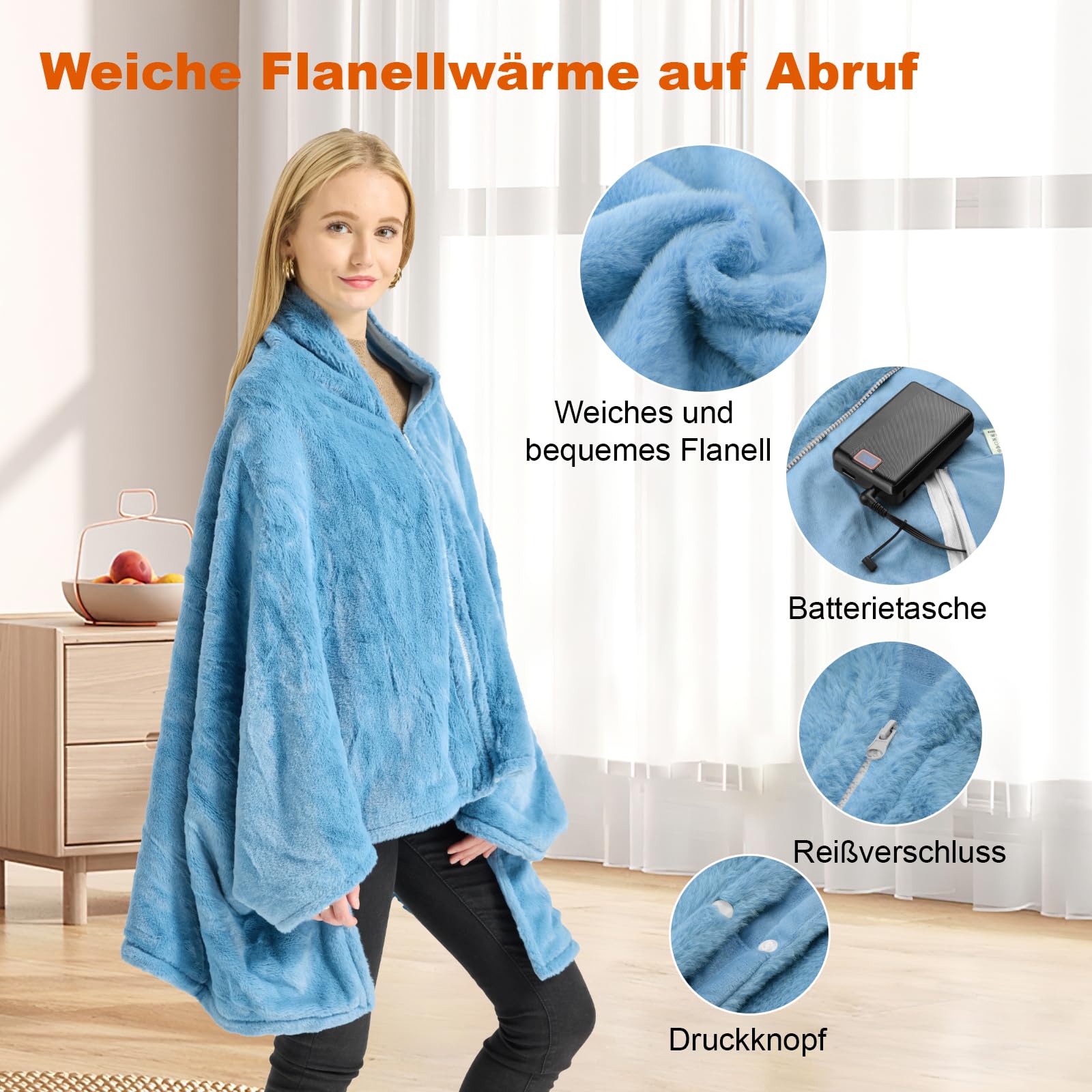 170x92cm Graphen Heizdecke mit Akku Kabellos 7.4V 20000mAh mit Fleece Futter, 6-Zonen Heizsystem, 3 Temperaturstufen, waschbar, weiches Fleece für Damen und Herren, Home Office & Reise