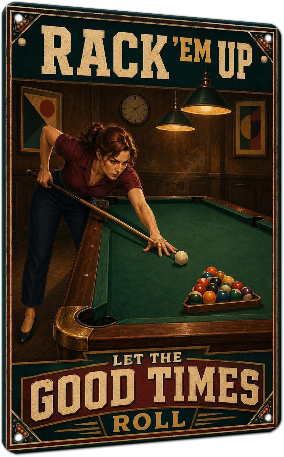 PEACHGARDEN Billiards Metal Sign, Vintage Female Pool Player Wall Decor, Rack'em Up Let the Good Times Roll Tin Sign for Pool Room, Game Room, Bar and Man Cave 8x12 Inch