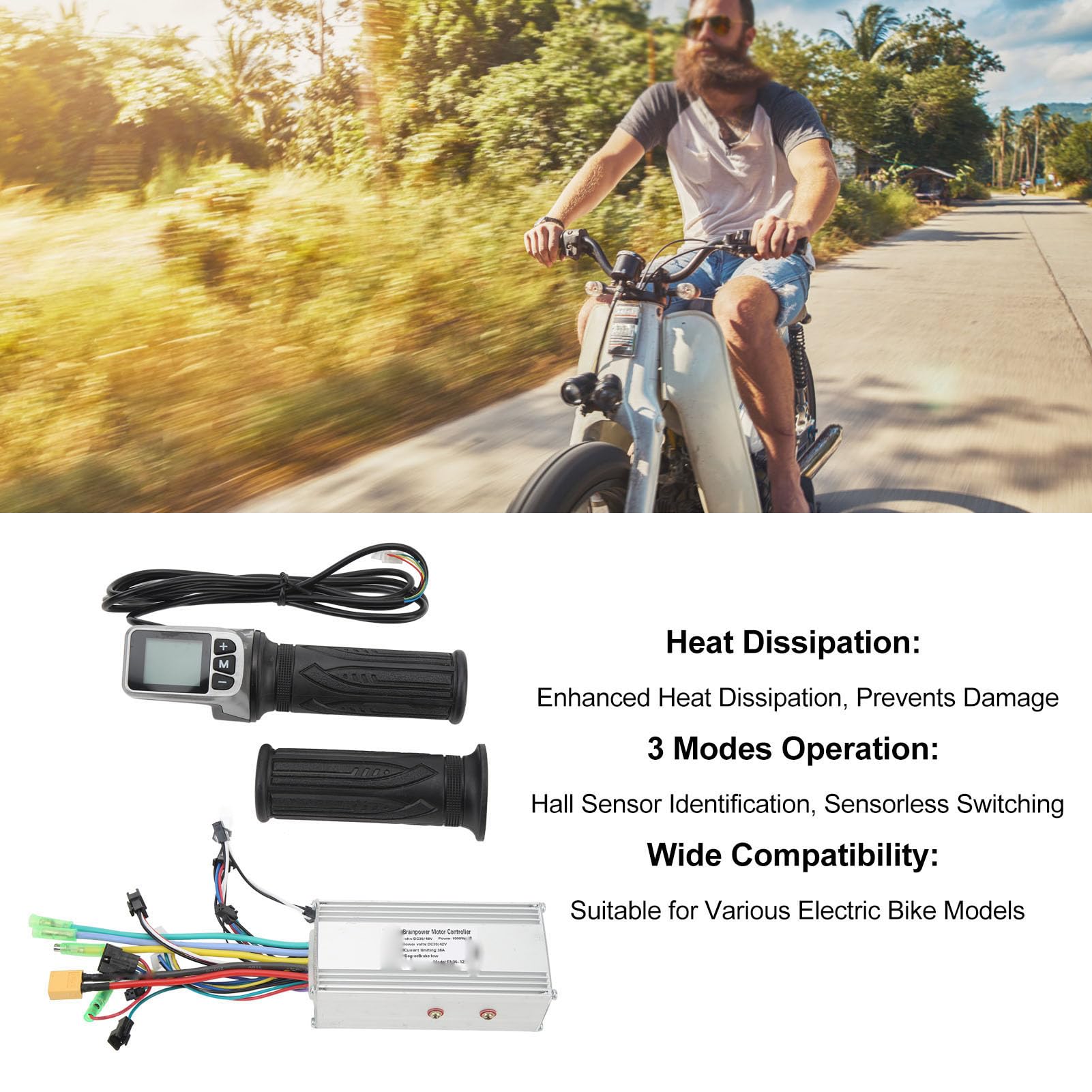 BuyWeek Kit de Contrôleur de Moteur sans Balais pour Vélo Électrique, 36V 48V 1000W 38A Contrôleur à Onde Sinusoïdale et Poignée d'Accélérateur Torsion 124DX avec Panneau LCD