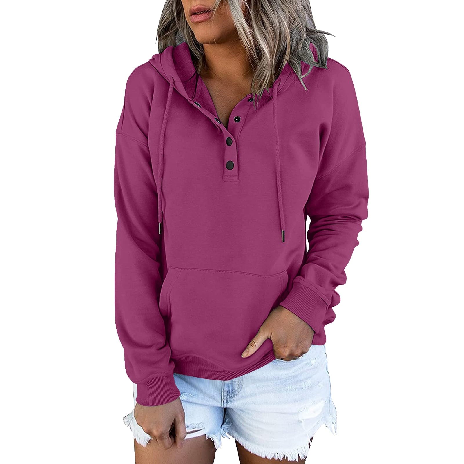 Women's Fashion Hoodies & Sweatshirts Cropped Long Sleeve Button down Vintage Hooded Pullover Tops with Pocket
