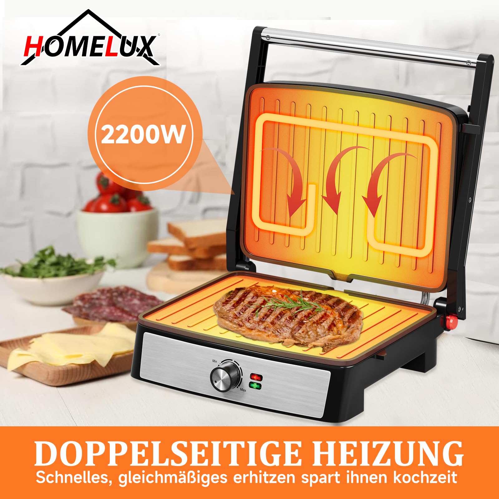 HOMELUX Griglia a contatto, panini e panini Grill 2200 W, per grigliare senza grassi, toastie, bistecca, panini maker con piastre antiaderenti 29 x 23 cm, apertura a 180°, raschietto per pulizia