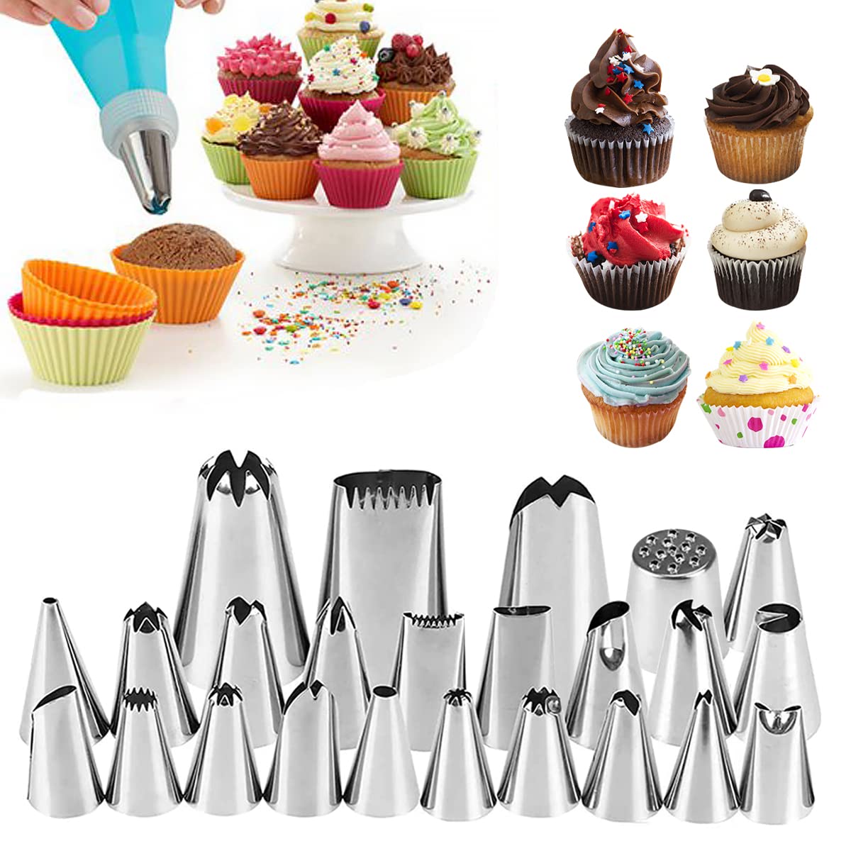 Kit Pâtisserie 44 Pièces - 26 Douilles, 10 Poches, 1 Coupleur, 3 Grattoirs - Pour Décorer Gâteaux, Cupcakes - Ustensiles Alimentaires, Lavables