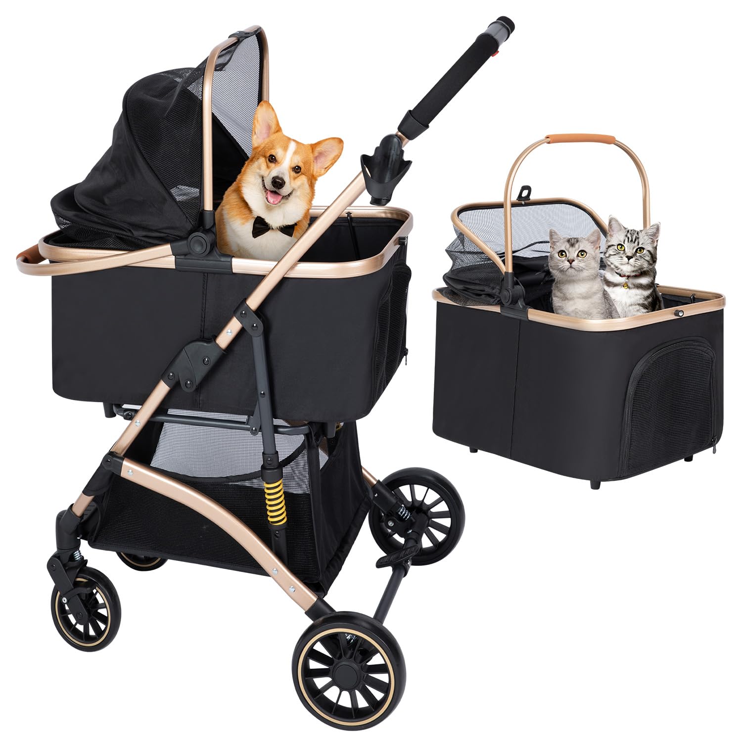 3-in-1 Foldable Pet Stroller For Medium Dogs & Cats Up To 50 Lbs - Detachable Carrier, Car Seat, 5 Wheels With Storage