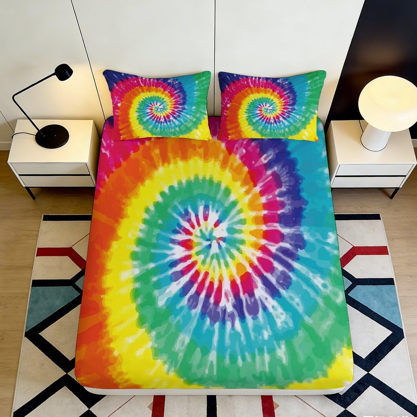 3D Printed Rainbow Spiral Fitted Sheet Microfiber Soft Breathable Tie Dye Swirl Mattress Cover for Bedroom Dorm Decor 90x200x25cm