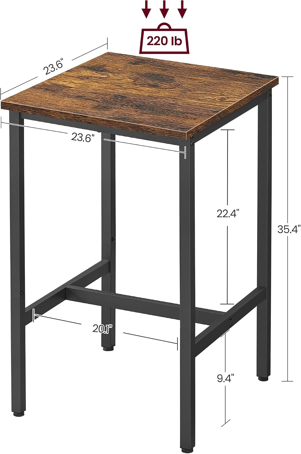 VASAGLE Bar Table, Small Kitchen Dining Table, High Top Pub Table, Height Cocktail Table for Living Room Party, Sturdy Metal Frame, 23.6 x 23.6 x 35.4 Inches for Narrow Spaces, Rustic Brown and Black
