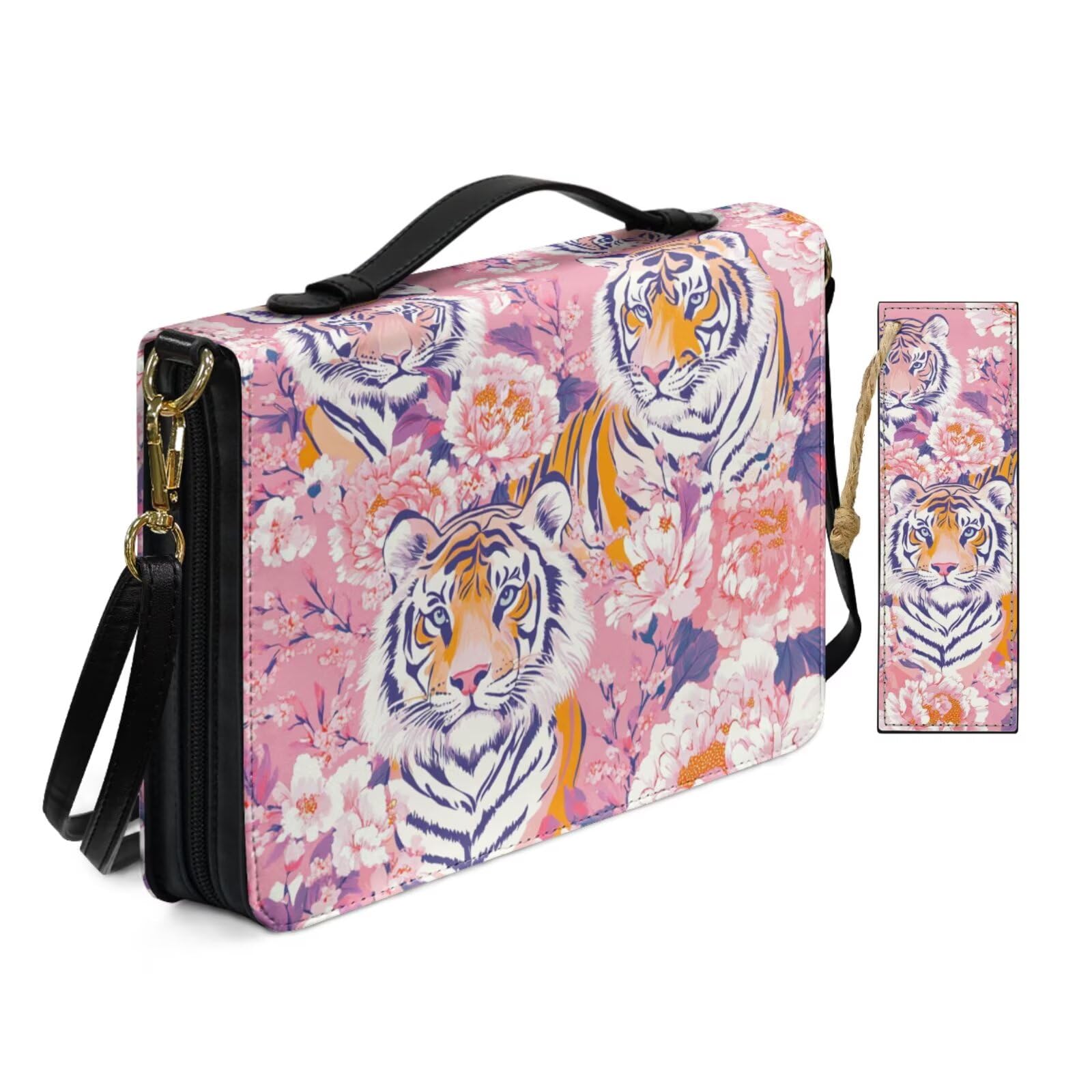 Allcute Women Pu Leather Bible Cover Bag with Shoulder Strap Aesthetic Pink Floral Tiger Bible Case for Women with Bookmark Church Religious Book Covers with Handle Pockets