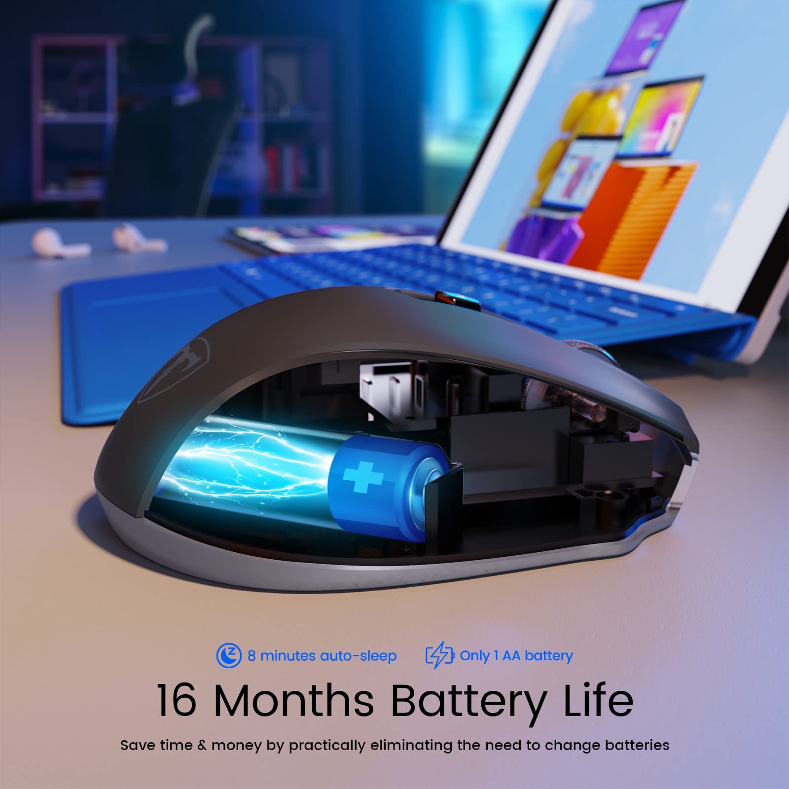 HOTWEEMS Mouse senza fili ergonomico per laptop, mouse senza fili USB 2.4G - Grigio | Mouse portatile D-09 a 5 livelli, 2400 DPI, 6 pulsanti, batteria da 16 mesi, per PC, Mac, Chromebook HOTWEEMS