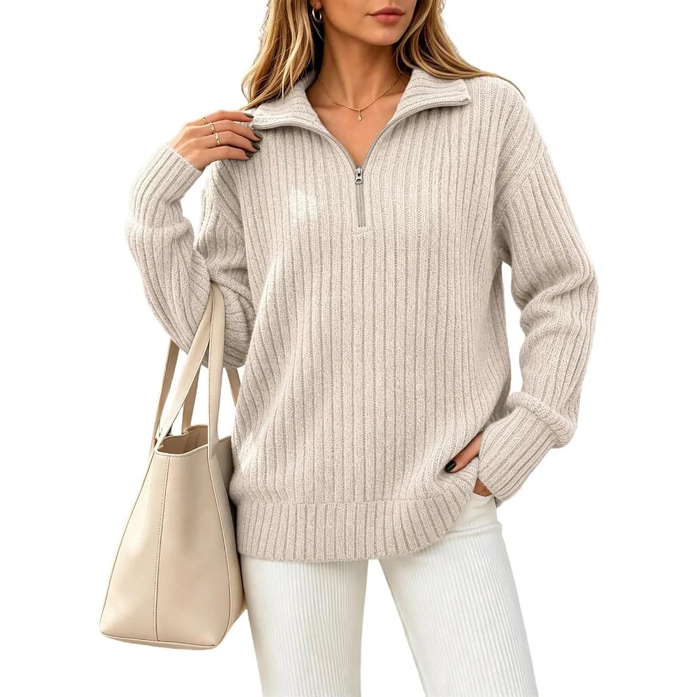 Women's Dressy Casual Ribbed Sweaters Shirts Long Sleeve Half Zip Fall Tops