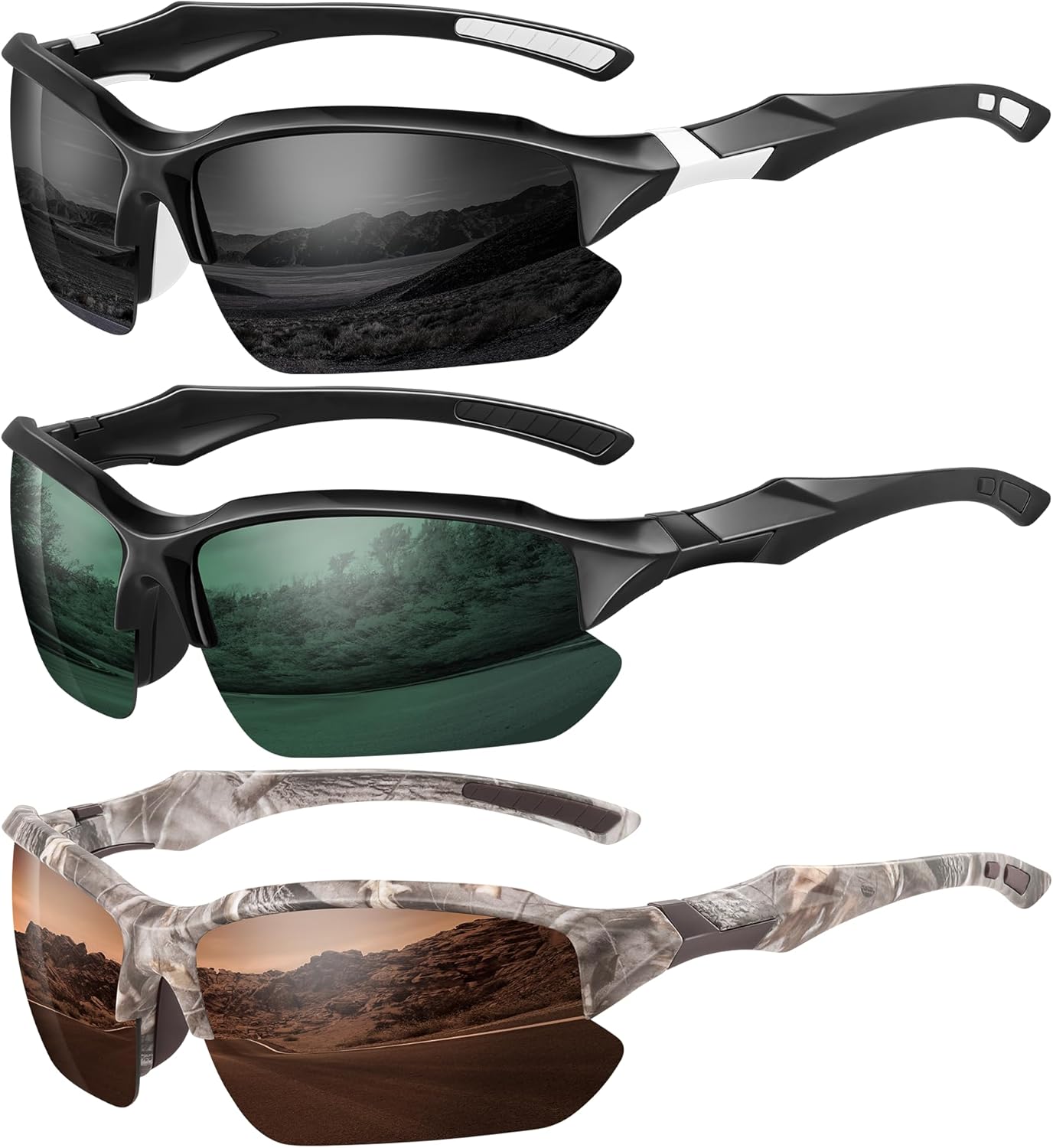 XVXV 3 Pack Polarized Sports Sunglasses for Men, UV Protection Half Frame Sunglasses Comfortable for Running Cycling Driving