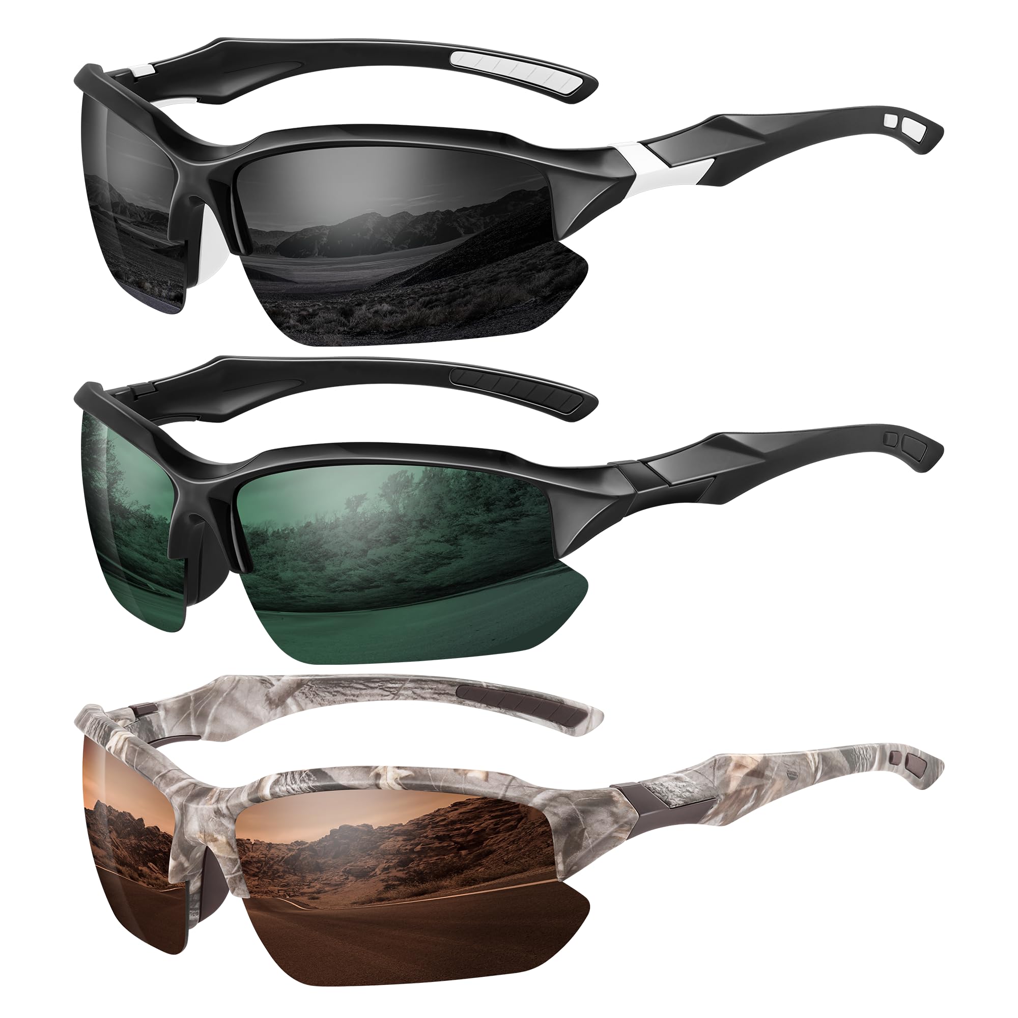 XVXV Confezione da 3 occhiali da sole sportivi polarizzati da uomo, protezione UV, montatura a mezza montatura, comodi per corsa, ciclismo, guida