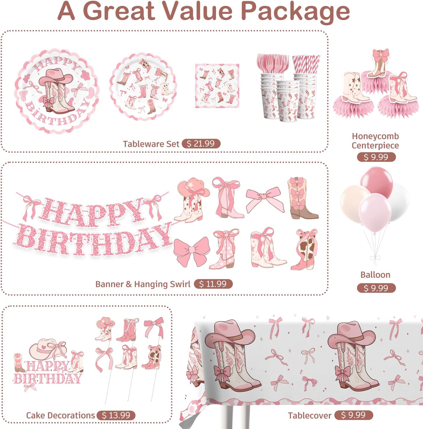 Xynic 213pcs Boots and Bows Party Decorations, Convenient Paper Tableware Set Includes 50pcs 350gsm Plates 24pcs Cupcake Toppers and 2 Pcs Tablecloths, Cowgirl Birthday Party Decorations for Girl - Image 4