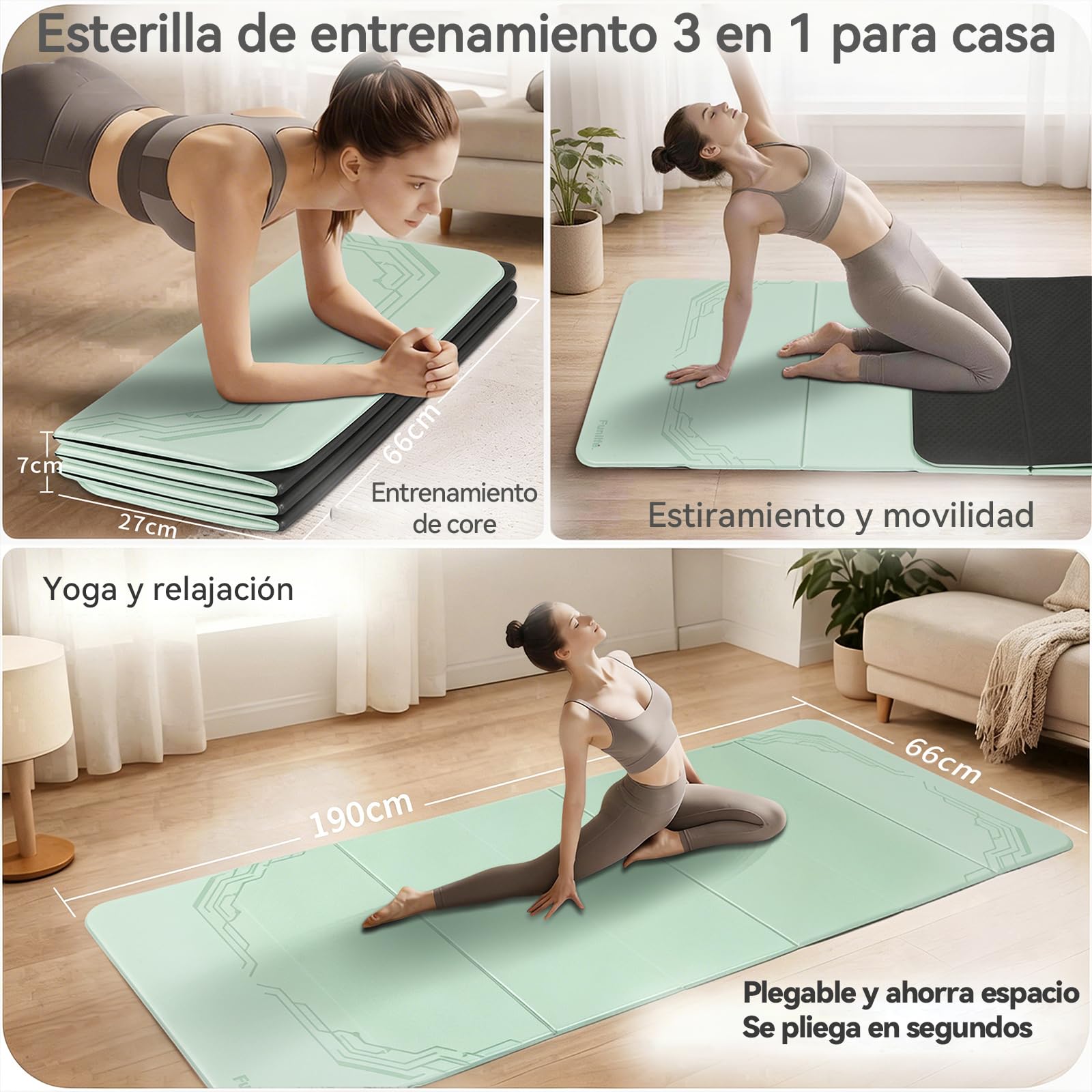 FunLife Esterilla de yoga XXL 190 × 66 cm – 10 mm plegable | Extra grueso y antideslizante. Ideal para yoga, pilates, gimnasia, así como entrenamiento en casa, en el gimnasio o al aire