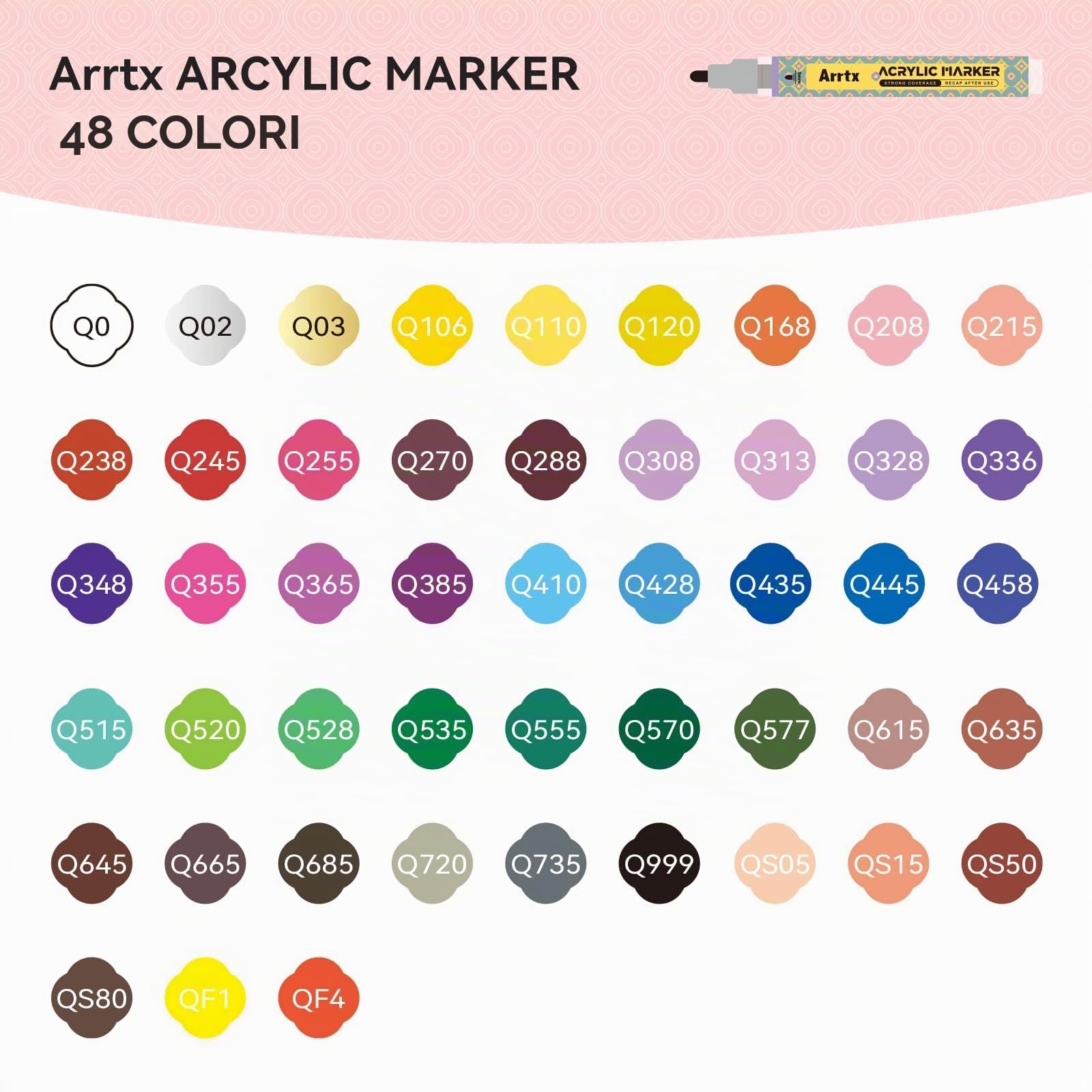 Arrtx Pennarelli acrilici 48 colori, 3 mm, colore medio, atossico, ad asciugatura rapida per rock painting, legno, ceramica, tessuto, vetro, tela, plastica, metallo, pietra, fai da te
