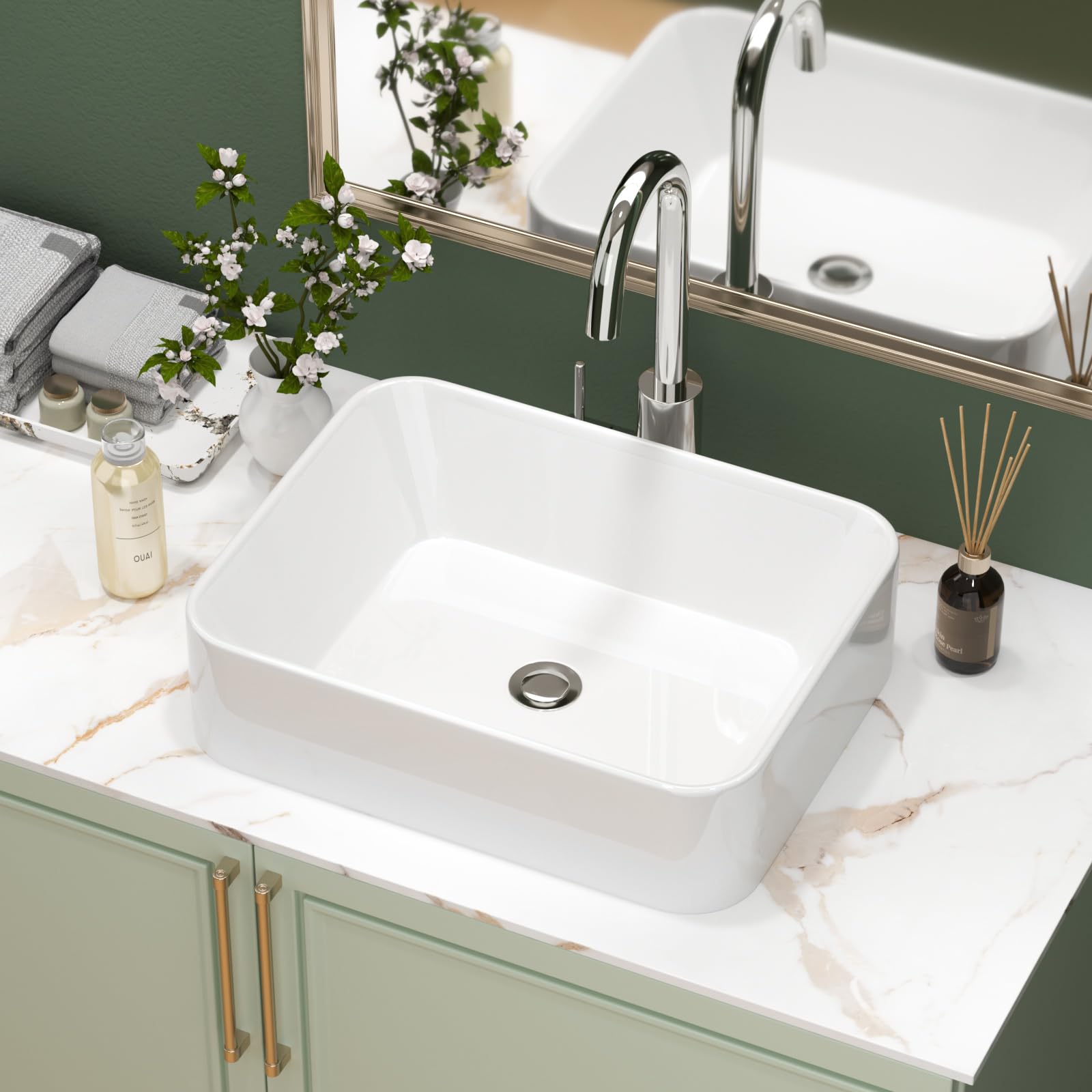 Sarlai Fregadero de cerámica para cuarto de baño, moderno, pequeño, compacto, de porcelana, sobre encimera, diseño clásico, color blanco brillante, rectangular, 485 x 380 x 130 mm