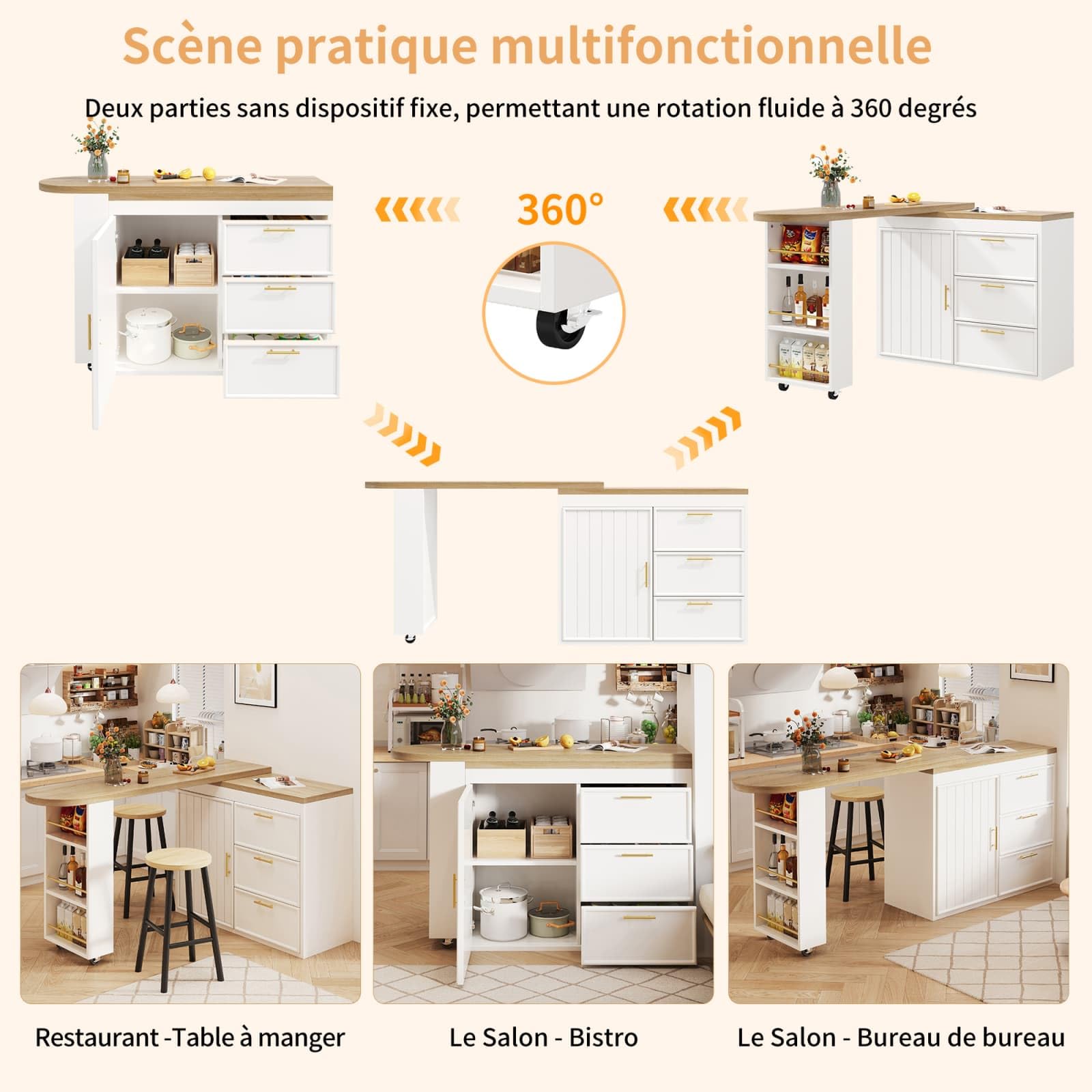 Sweiko Meuble Bar Rotatif 360° avec 3 tiroirs et 1 Porte, Buffet avec étagère latérale, Table d’appoint pour Salon, Salle à Manger, Cuisine ou Espace Bar