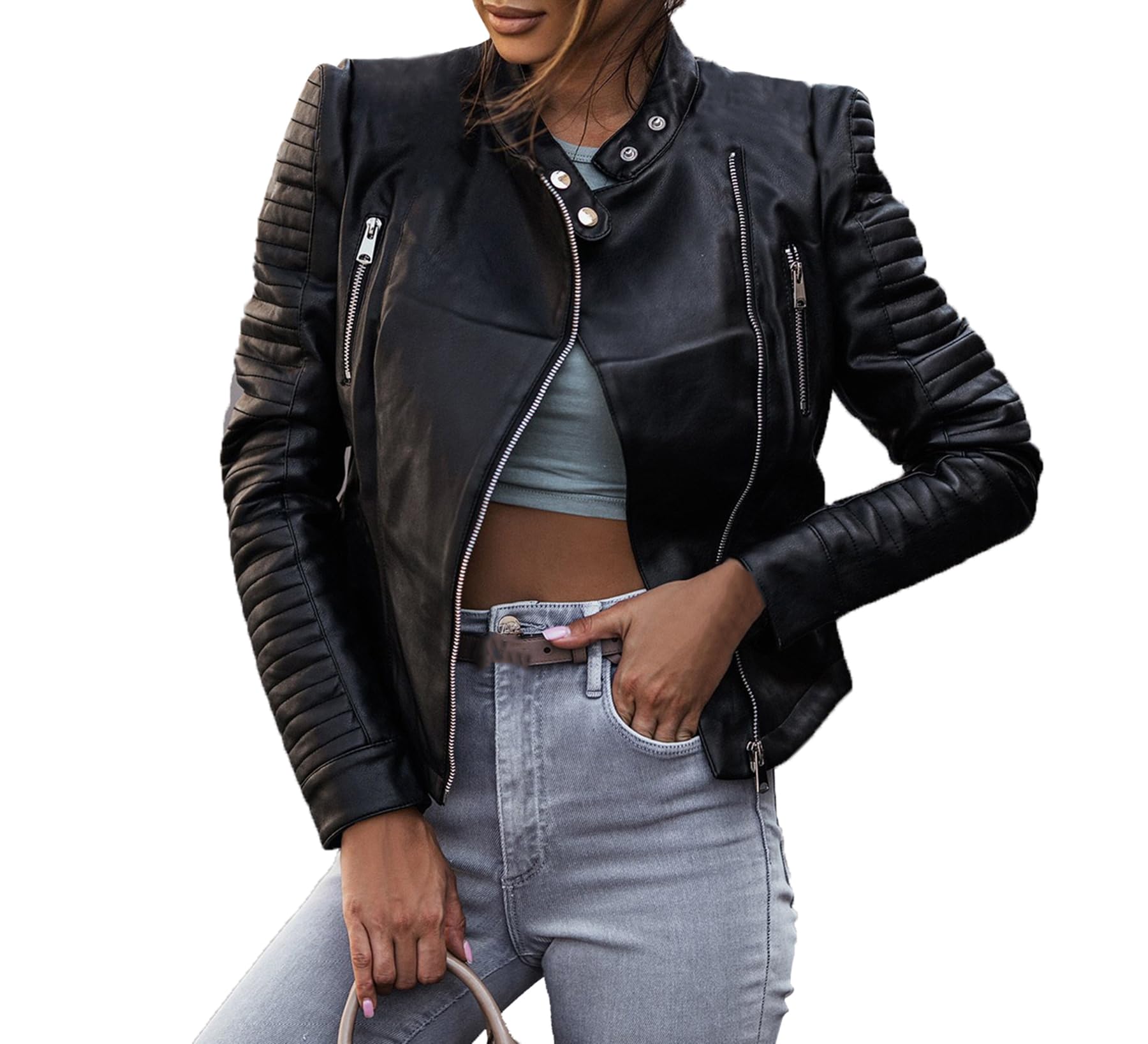 cffvdiz Black,S, Women's Faux Leather Jacket Slim Zip PU Moto Biker Coat Outerwear