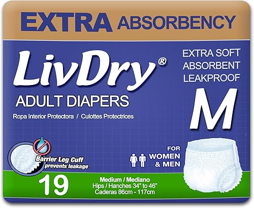 LivDry Ropa interior para incontinencia para adultos, pañales de absorción extra para adultos, protección contra fugas, talla M, paquete de 19