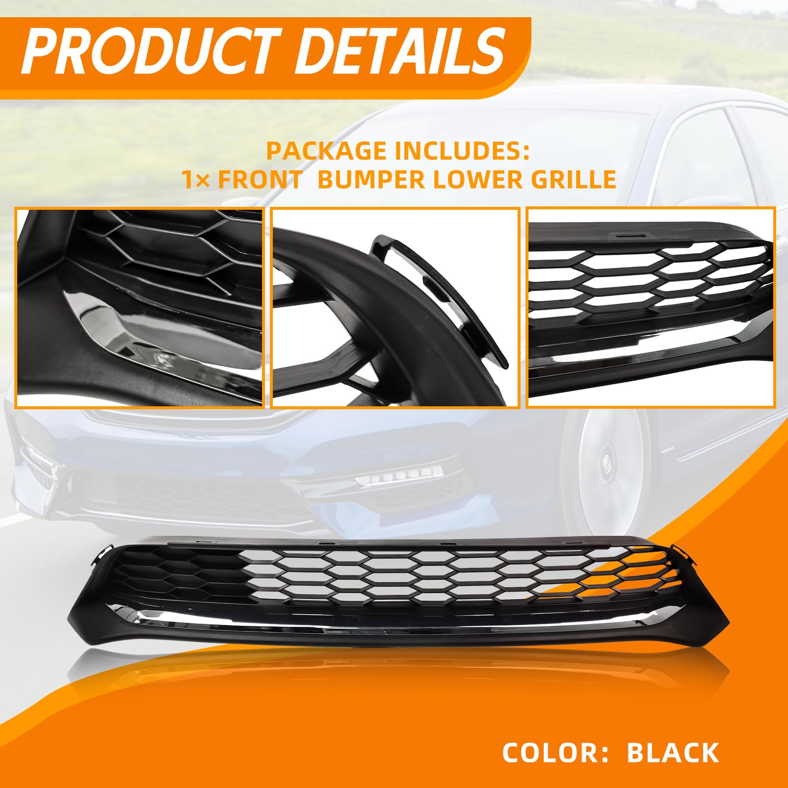 Front Bumper Lower Mesh Grille For 2016-2017 Honda Accord - Black With Chrome Trim, Replaces HO1036126