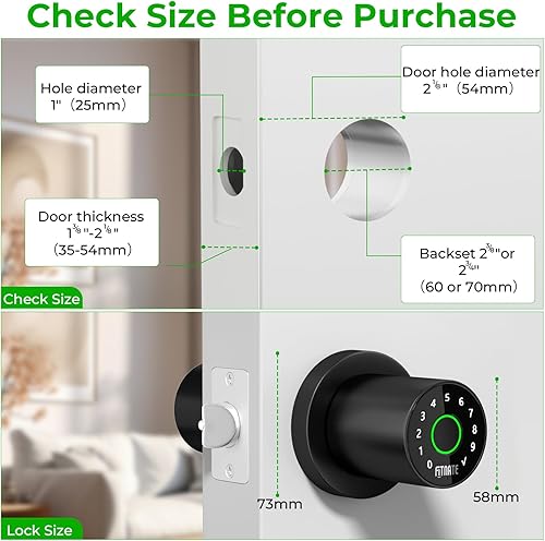 Miniatura 7 de FITNATE Pomo de puerta de huellas dactilares con teclado, perilla de puerta inteligente con control de aplicación, cerradura de puerta biométrica