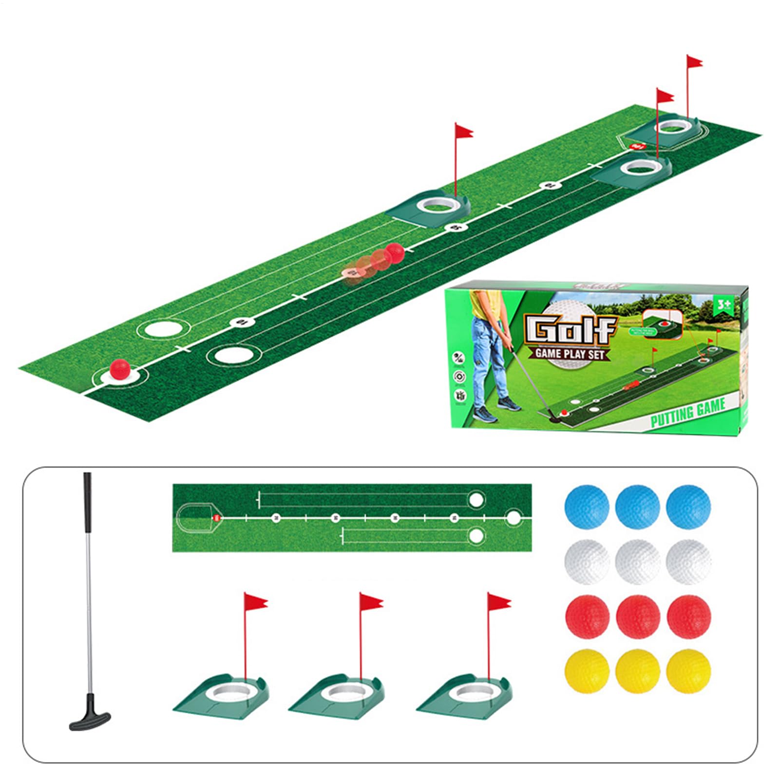 Tappeto Putting per Interni | Set Allenamento Golf per Esterni con Tappeto,Attrezzatura Portatile con Mazze, Buche e Palle per Allenamento in Interni, Giardino, Esterno per Famiglia
