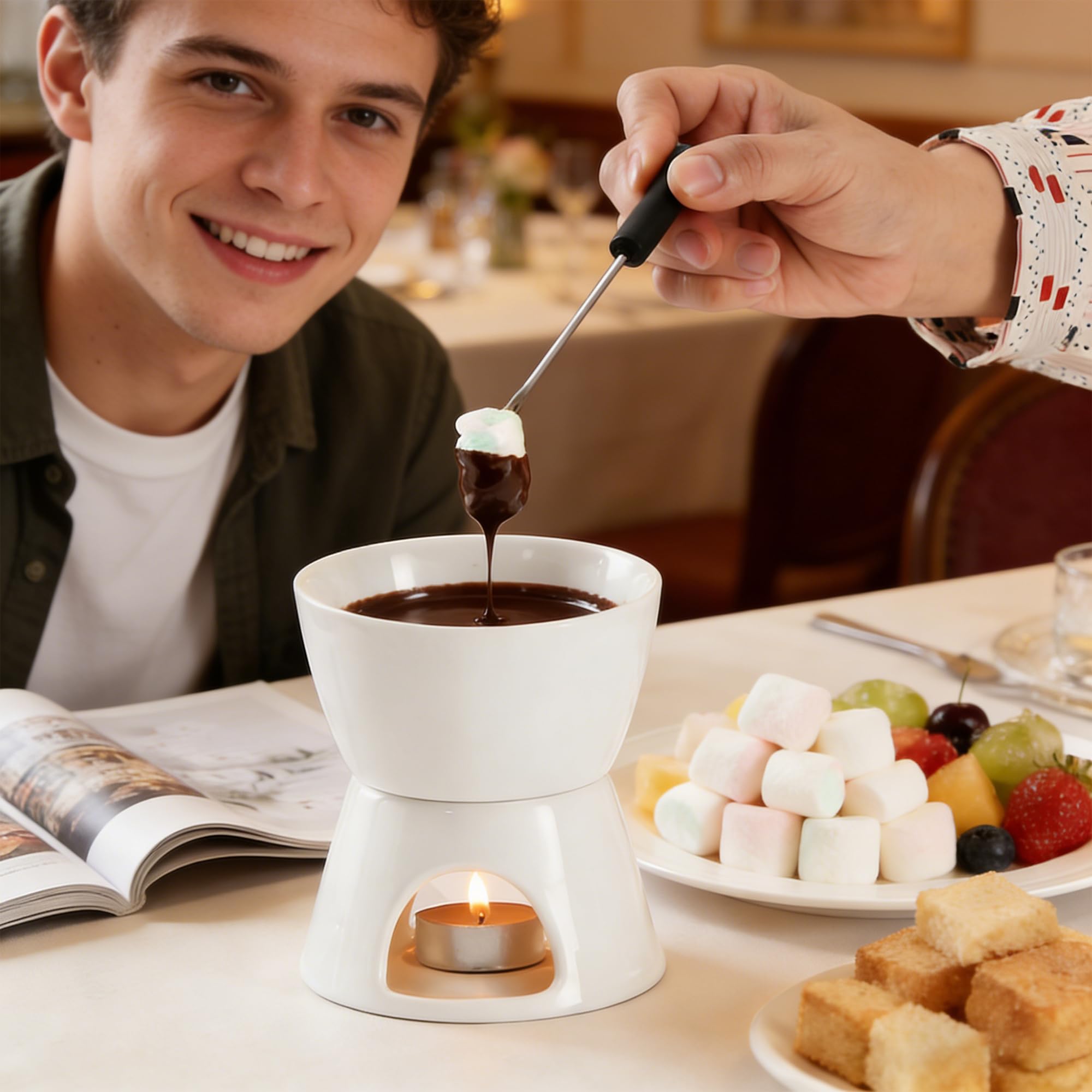 Set de Fondue de Queso y Chocolate, Set Completo de Fondue de Queso con Vela y 4 Tenedores, Mini Fondue Pot Taza de Fondue de Chocolate de Porcelana, para Casa,Blanco