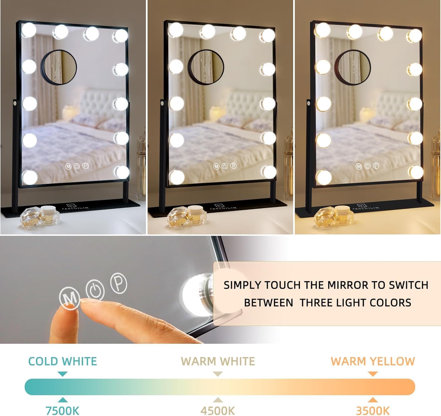 FENCHILIN Lighted Makeup Mirror Hollywood Mirror Vanity Makeup Mirror with Light Smart Touch Control 3Colors Dimable Light Detachable 10X Magnification 360°Rotation(Black)