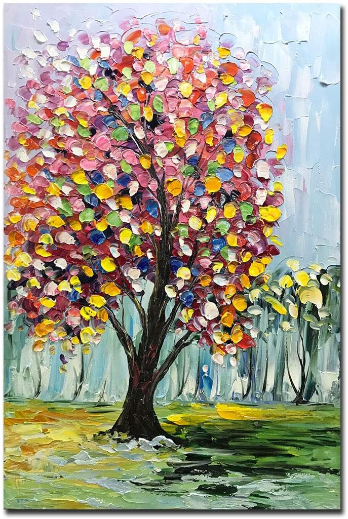 Yotree Paintings, 24x36 Inch Paintings Golden Maple Red Birch Tree Oil Hand Painting 3D Hand-Painted On Canvas Abstract Artwork Art Flowers Wood Inside Framed Hanging Wall Decoration Abstract Painting