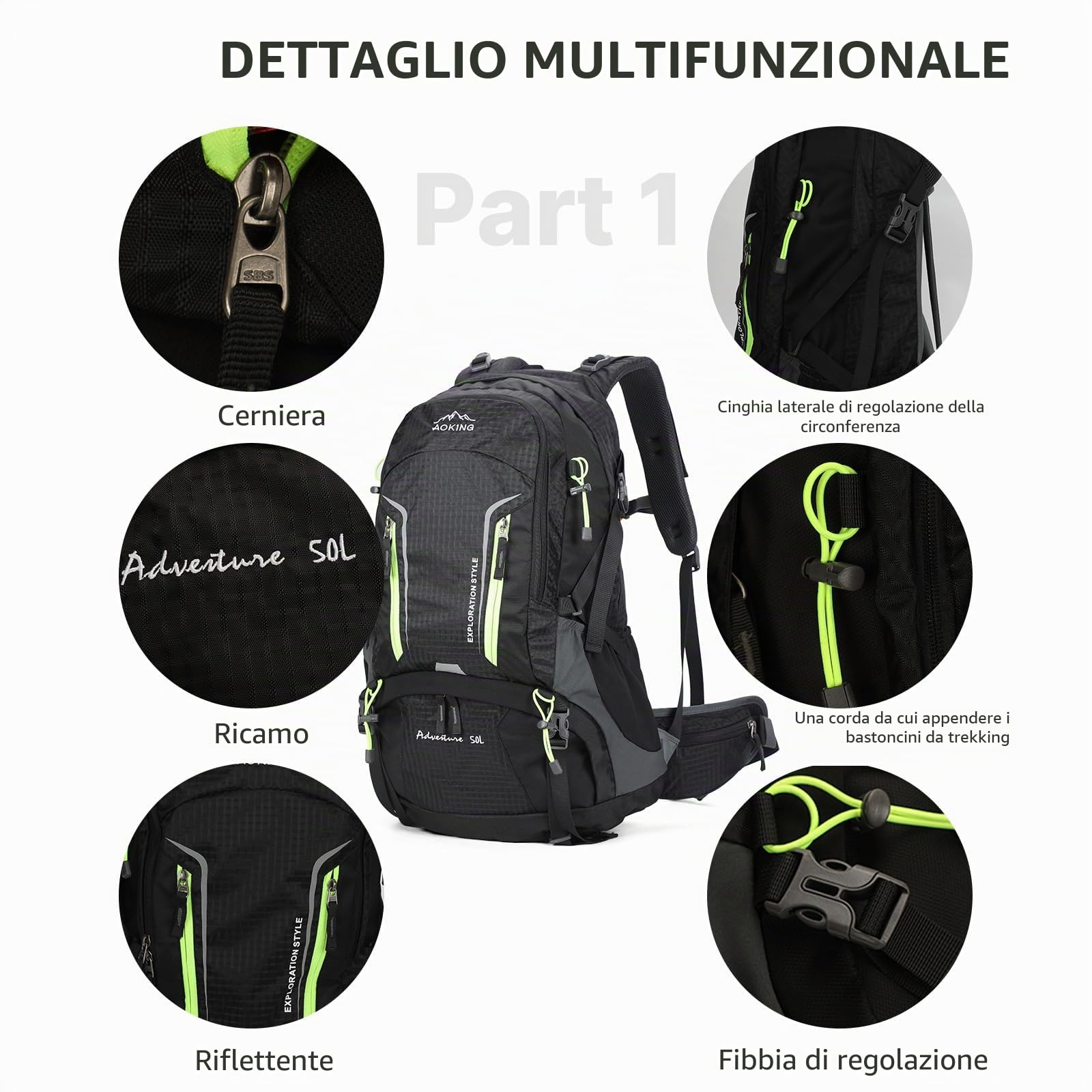 Aoking, YJN67363, zaino per escursionismo/arrampicata, 50 l, elementi standard: scheda in rete per airflow rimovibile, impermeabile, fischietto SOS