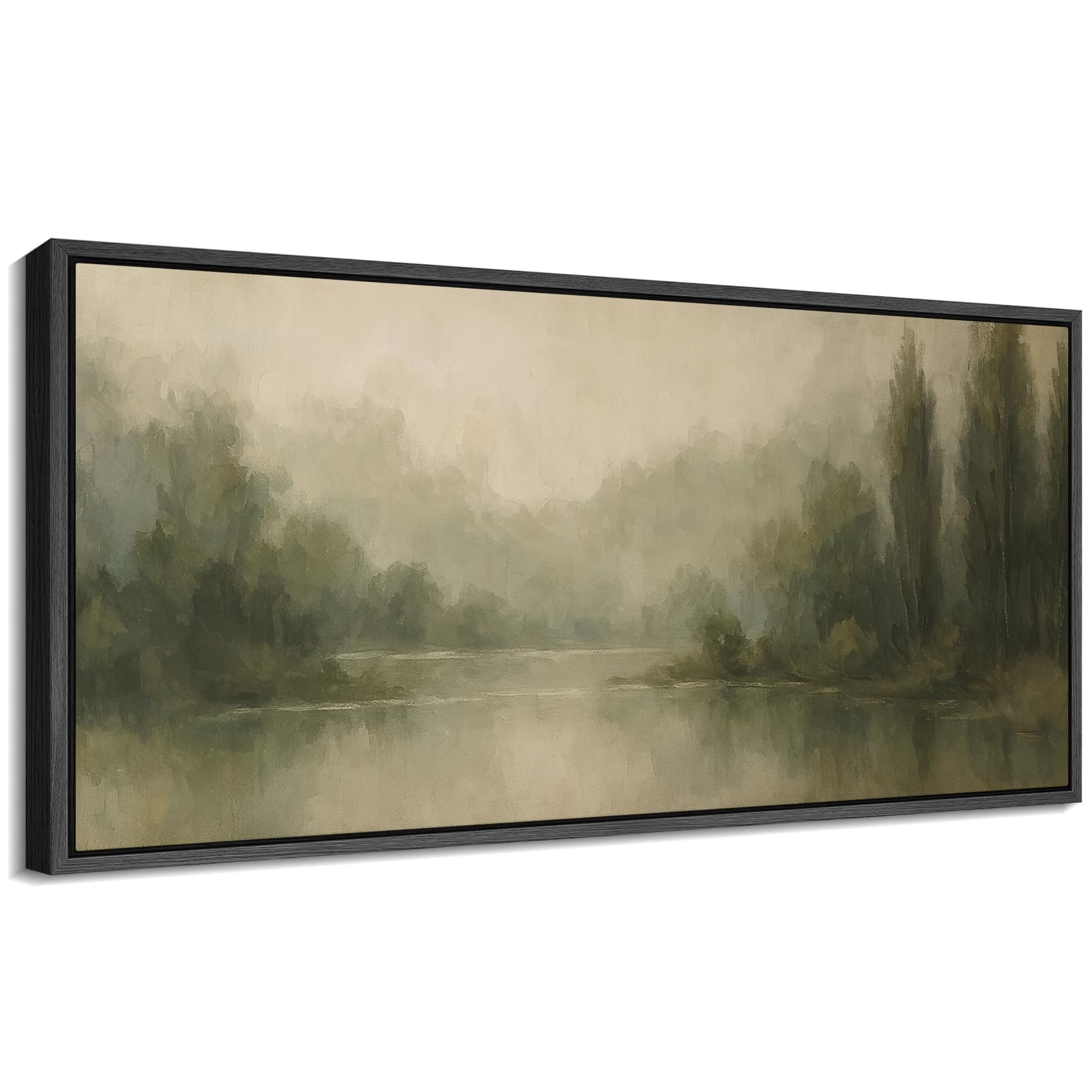 signford extra large framed canvas print wall art misty forest lake landscape illustrations modern art relax/calm warm for living room, bedroom, office - 60"x30" black