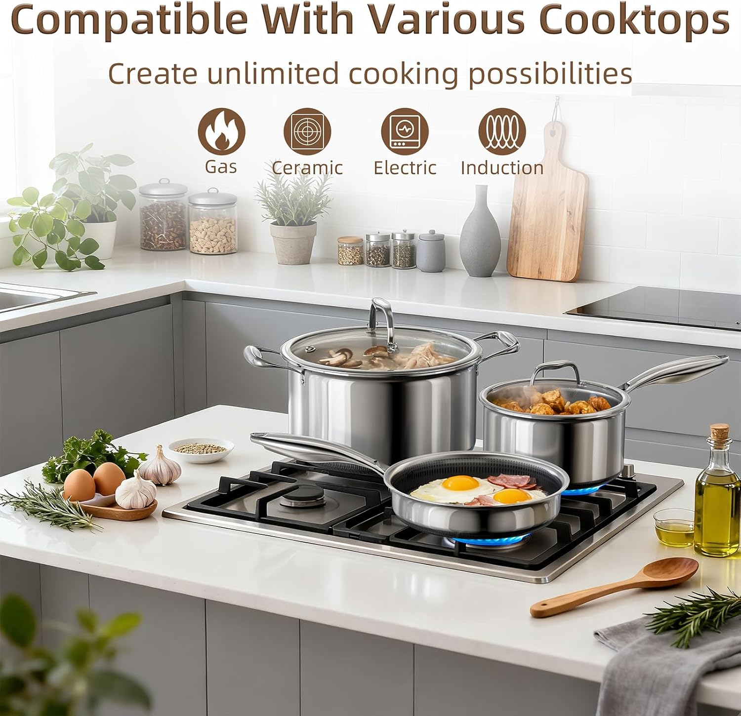 Yoehka 14-Piece Hybrid Stainless Steel Cookware Set, Non-Stick Pots and Pans Set with 3 Silicone Trivets | Induction Compatible Frying Pans, Saucepans, Saute Pan & Stock Pot | Oven Dishwasher Safe - Image 3