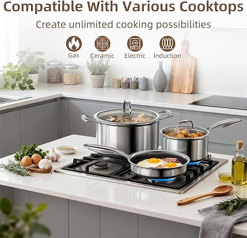 Miniatura 4 de Yoehka Juego de utensilios de cocina de acero inoxidable de 14 piezas, ollas y sartenes antiadherentes con 3 salvamanteles de silicona  Sartenes,