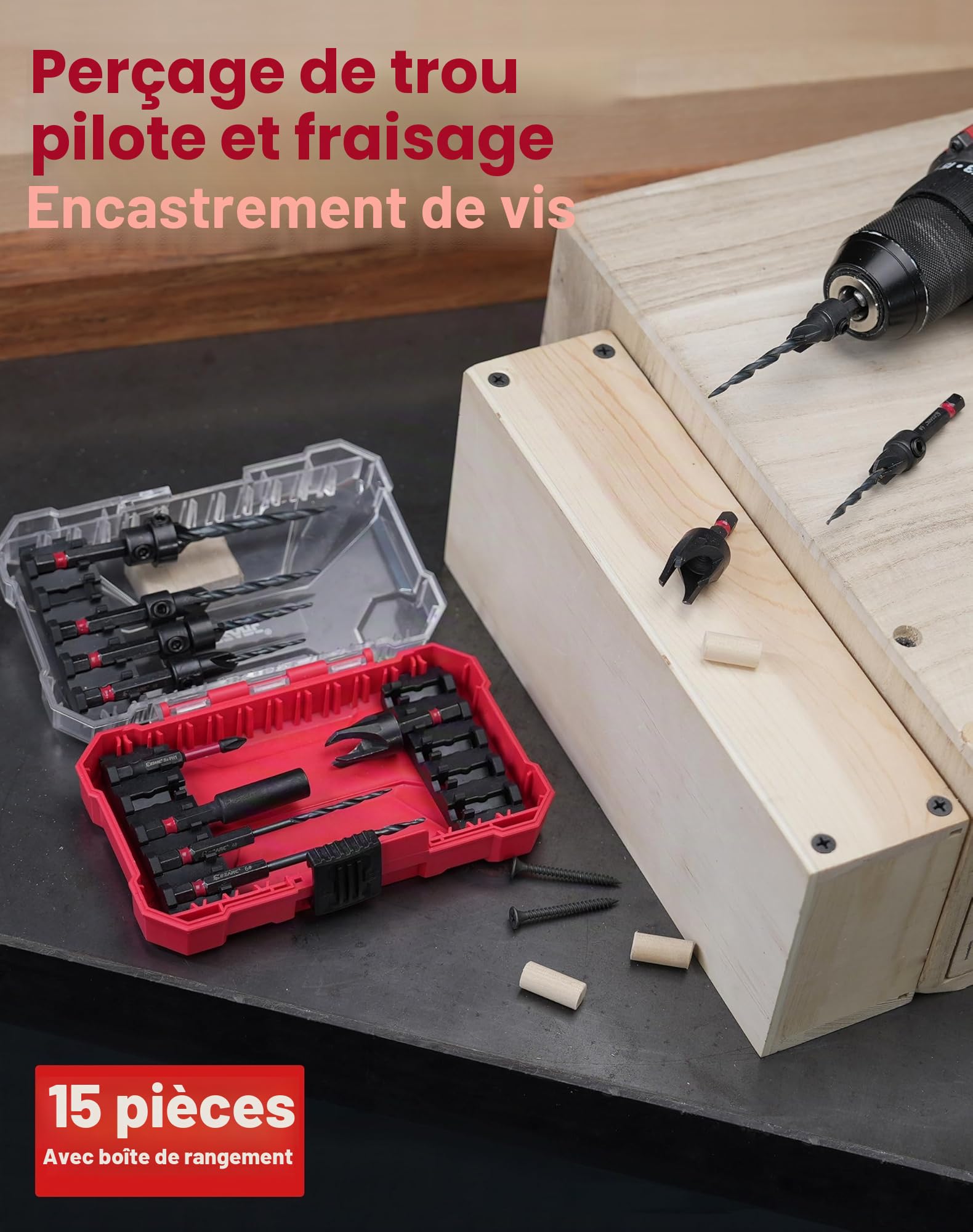 EZARC Ensemble de forets coniques, 15 pièces. Avec forets et coupe-bouchons en bois. Queue hexagonale de 1/4", changement rapide. Idéal pour le bois. Boîte incluse.