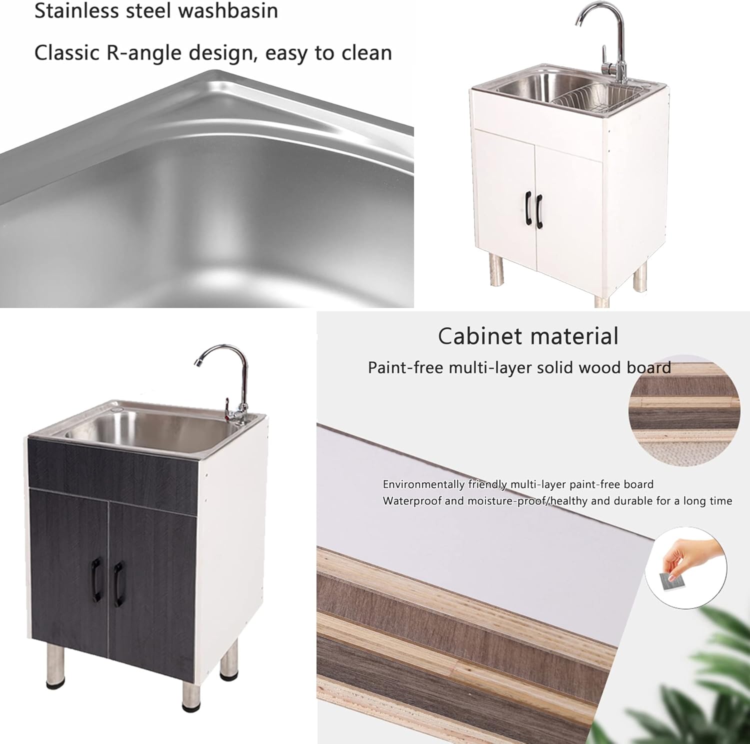Stainless Steel Kitchen Sink Cabinet with 2 Doors Complete Kitchen Sink Unit with Faucet 1 Bowl Washbasin Under-Sink Storage for Indoor/Outdoor Use,Black Gray-58x43cm
