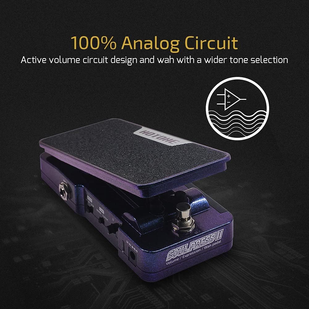 Close-up of the Soul Press II pedal with text '100% Analog Circuit' and an icon representing an analog waveform.