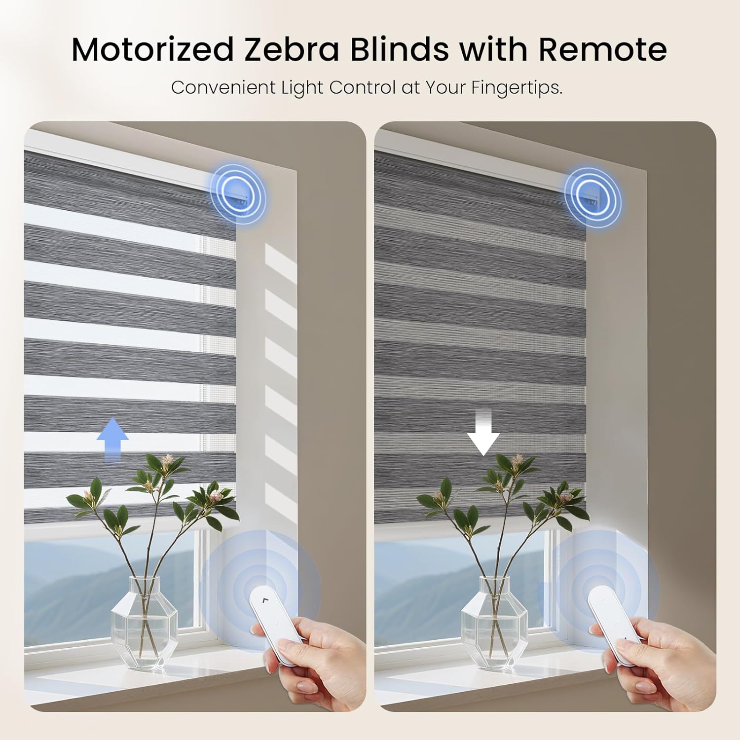 Grandekor Motorized Zebra Blinds with Remote Control,Smart Zebra Blinds for Windows,Electric Zebra Shades, Hemp Grey,23" W x 72" H