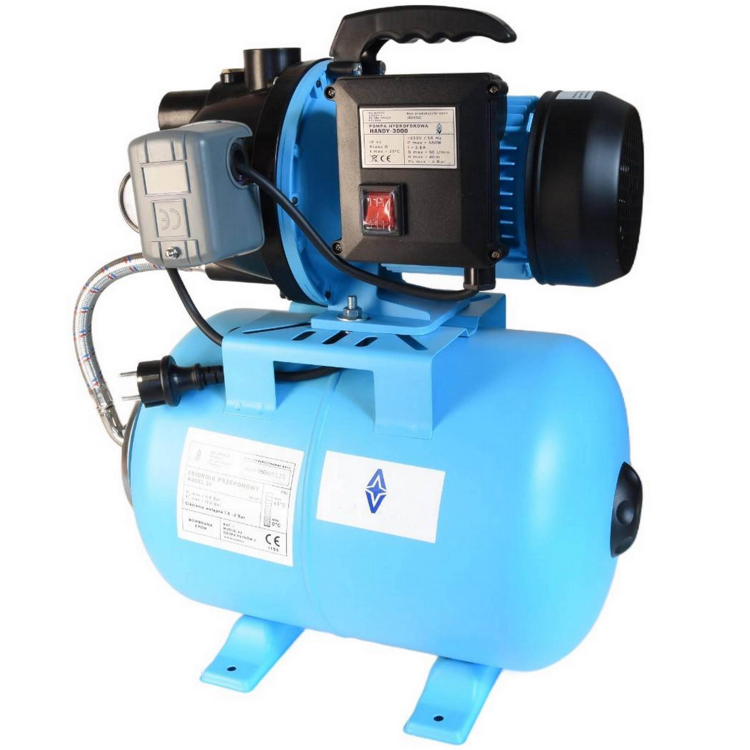 Hydrofor do Wody 24L ZESTAW HYDROFOROWY Pompa Hydroforowa HANDY 3000 (550 W, 3000 l/h, max. podnoszenie 40 m) Zbiornik Przeponowy 24 Litry Osprzęt WYDAJNY