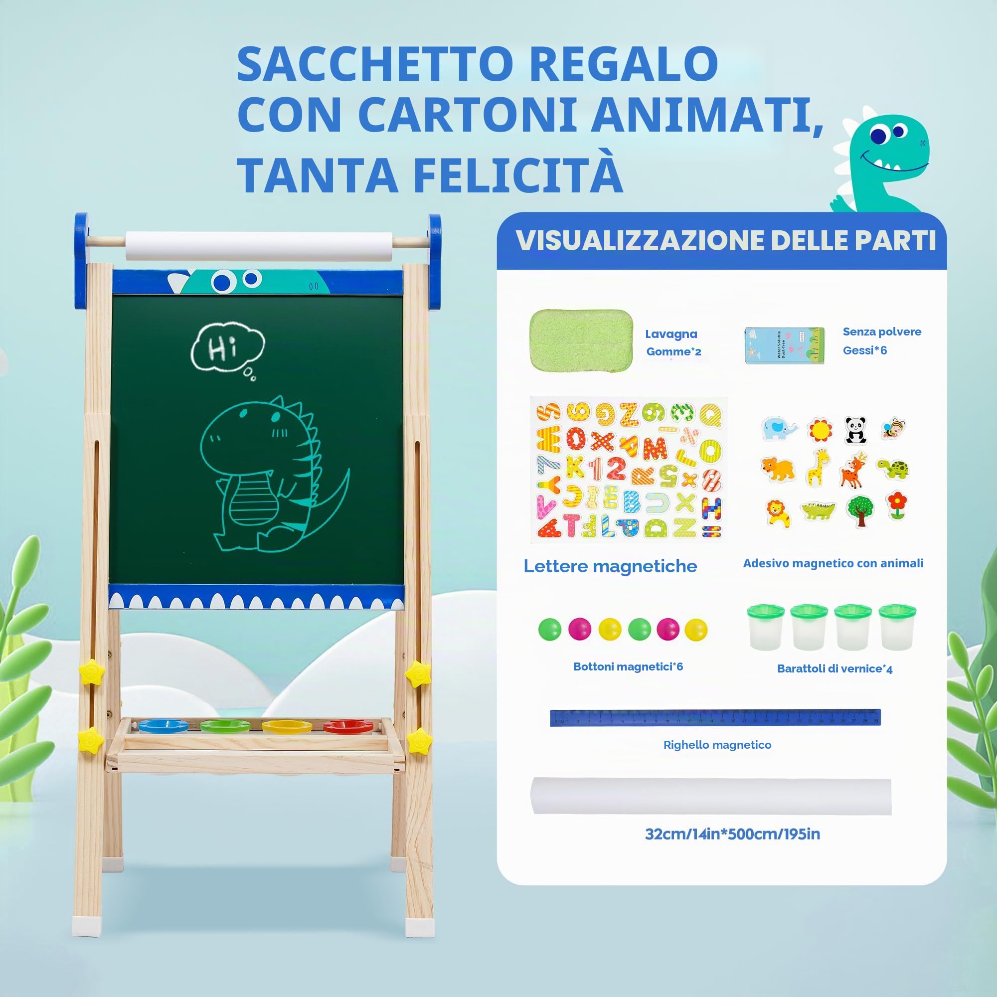 Lavagna Pieghevole con Cavalletto per Bambini, Lavagna per Bambini a Doppia Faccia con Cavalletto Regolabili in Altezza, Rullo di Carta, Lavagna Bianca, adesivi dei cartoni animati e Altri Accessori