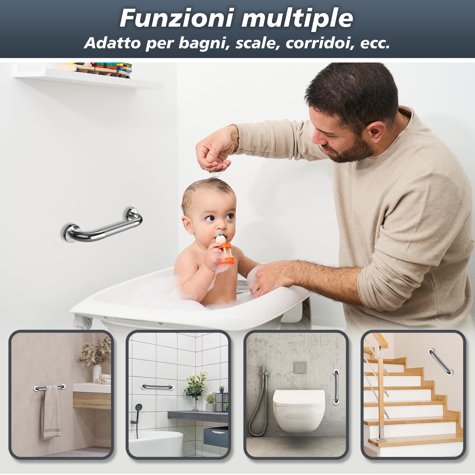 supregear 30cm Maniglioni e Barre per Bagno - Maniglia Doccia Antiscivolo Anziani, Barre Acciaio Inox di Sicurezza per Disabili, Ausili Ideali per Sicurezza e Comfort nel Bagno (Argento)