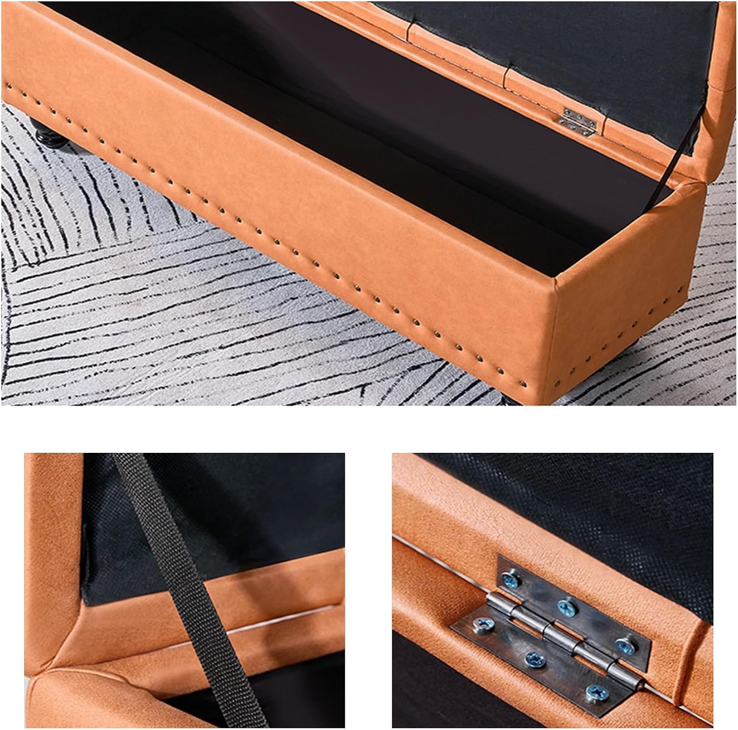 End Stool Storage Bench, Storage Ottoman Bench, Modern Button Tufted Ottoman for Bedroom, Living Room, End of Bed, Hallway – Large Ottoman Foot Rest with Safety Hinges Long Bench(Blue)