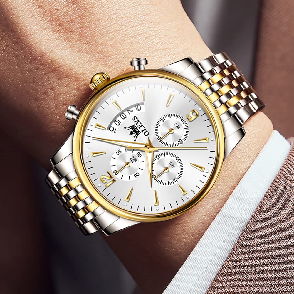 OLEVS Relojes de lujo para hombre, multifuncional, cronógrafo, fecha curvada, cuarzo, analógico, reloj de pulsera de acero inoxidable, impermeable, luminoso