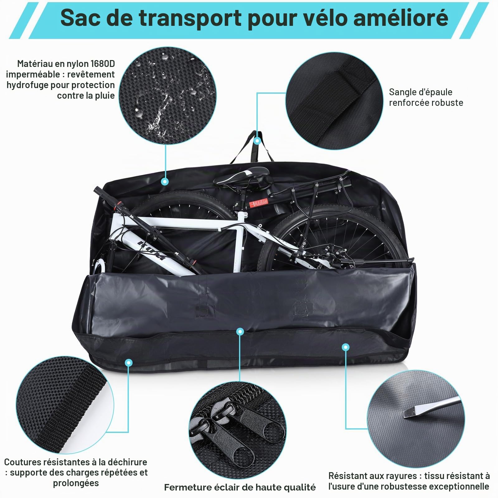 BAIGIO Sac de Transport Vélo, Grand Housse de Velo Pliant, Pour VTT/Route/Trotinette Electrique, Pour Voyager en Train Avion2